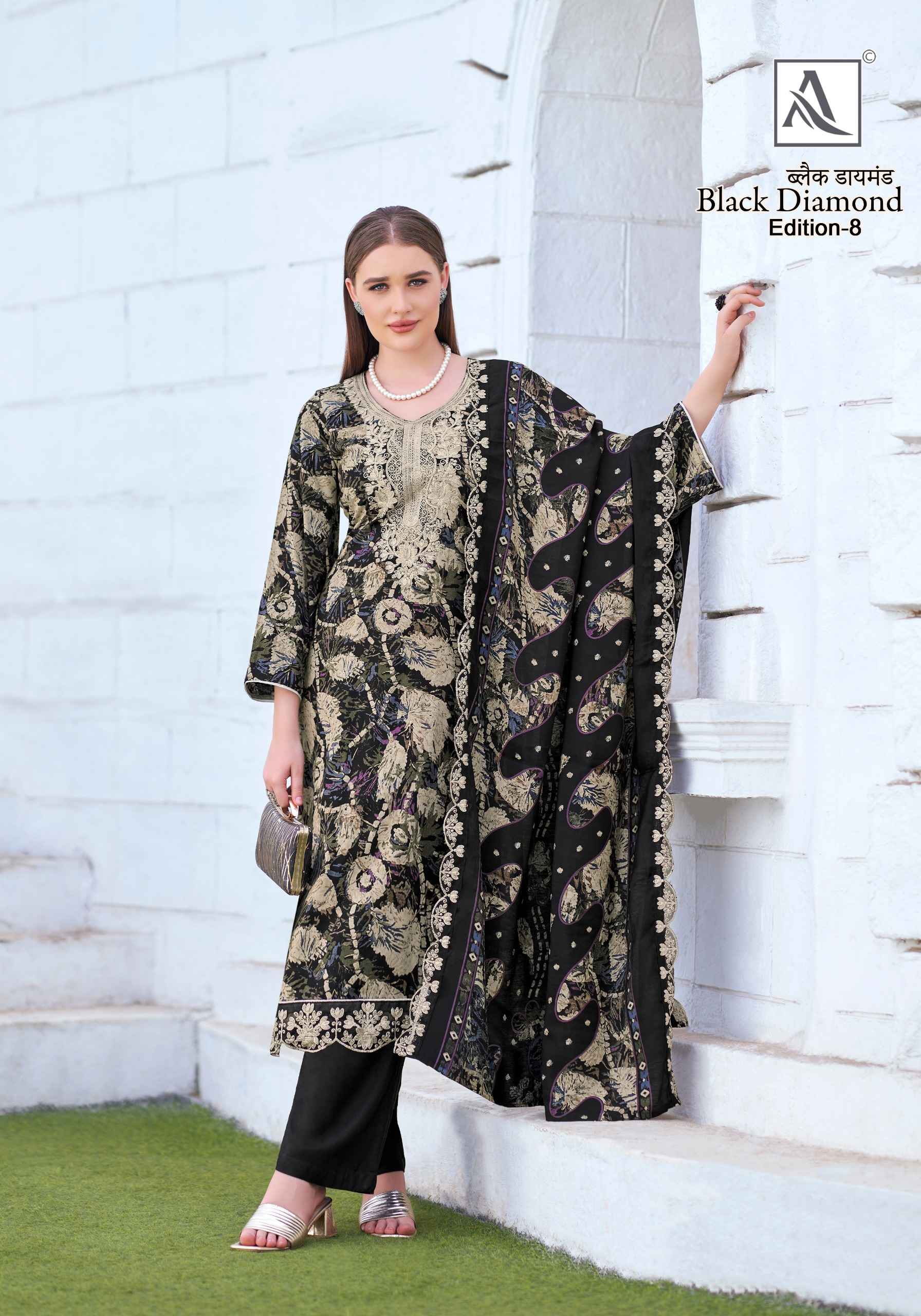 ALOK BLACK DIAMOND VOL-8 PURE REYON PRINTED WMBROIDERY DRESS MATERIAL AT WHOLESALE PRICE
