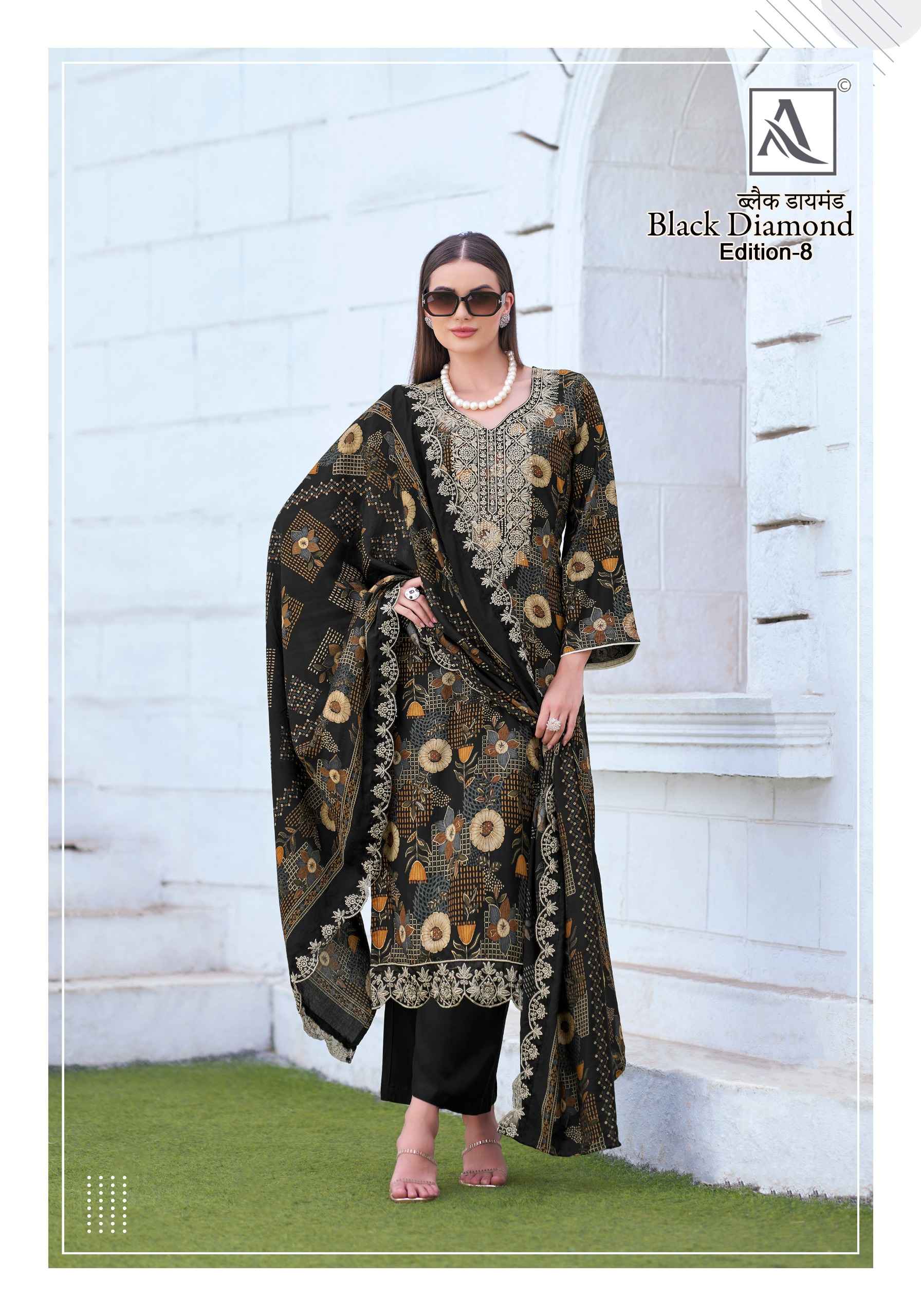 ALOK BLACK DIAMOND VOL-8 PURE REYON PRINTED WMBROIDERY DRESS MATERIAL AT WHOLESALE PRICE