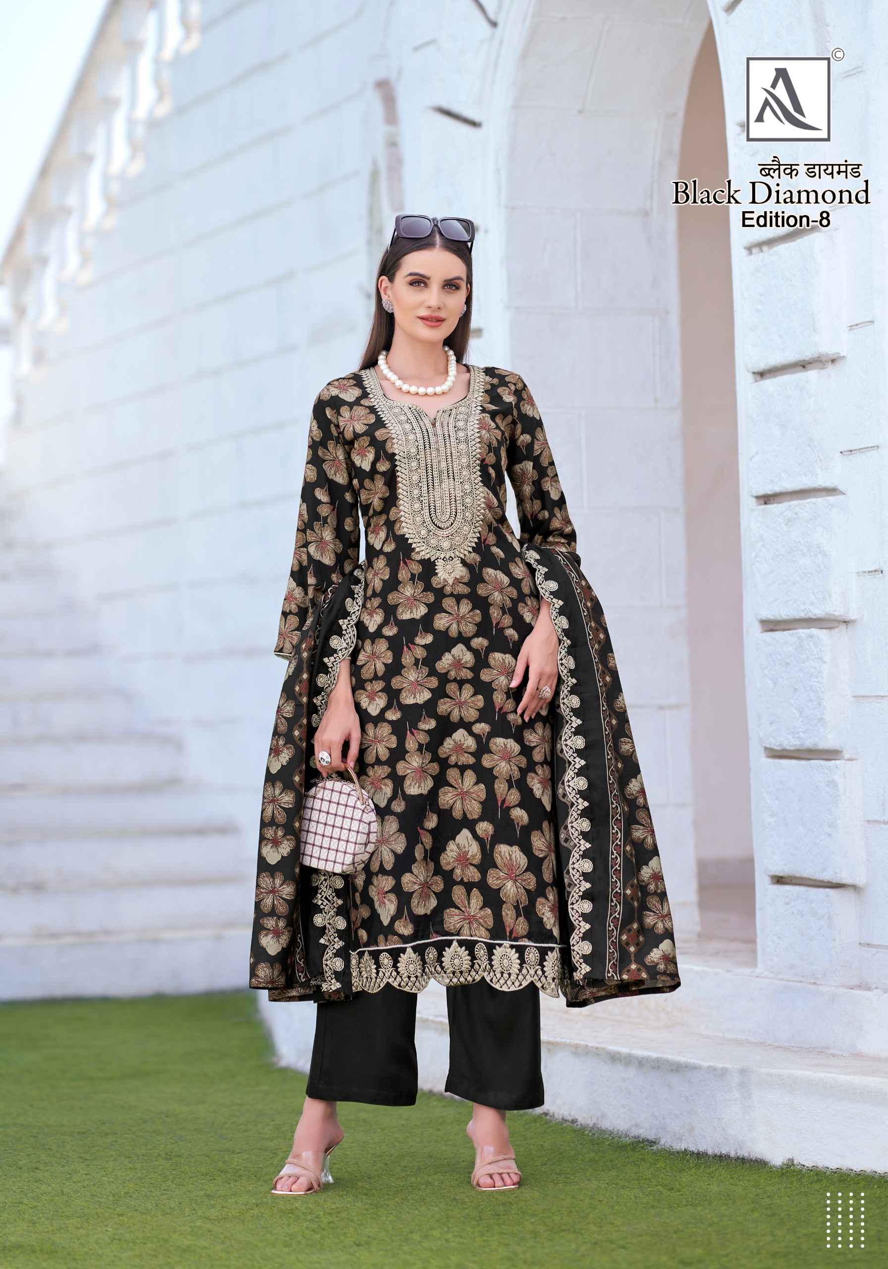 ALOK BLACK DIAMOND VOL-8 PURE REYON PRINTED WMBROIDERY DRESS MATERIAL AT WHOLESALE PRICE