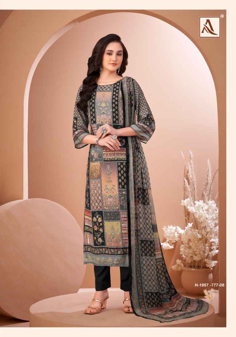 ALOK BLACK MIRROR PURE VISCOSE MASLIN PAKISTANI PRINTED DRESS MATERIAL AT WHOLESALE PRICE