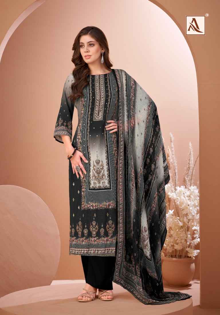 ALOK BLACK MIRROR PURE VISCOSE MASLIN PAKISTANI PRINTED DRESS MATERIAL AT WHOLESALE PRICE