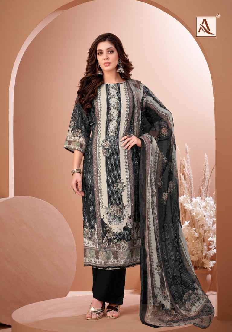 ALOK BLACK MIRROR PURE VISCOSE MASLIN PAKISTANI PRINTED DRESS MATERIAL AT WHOLESALE PRICE