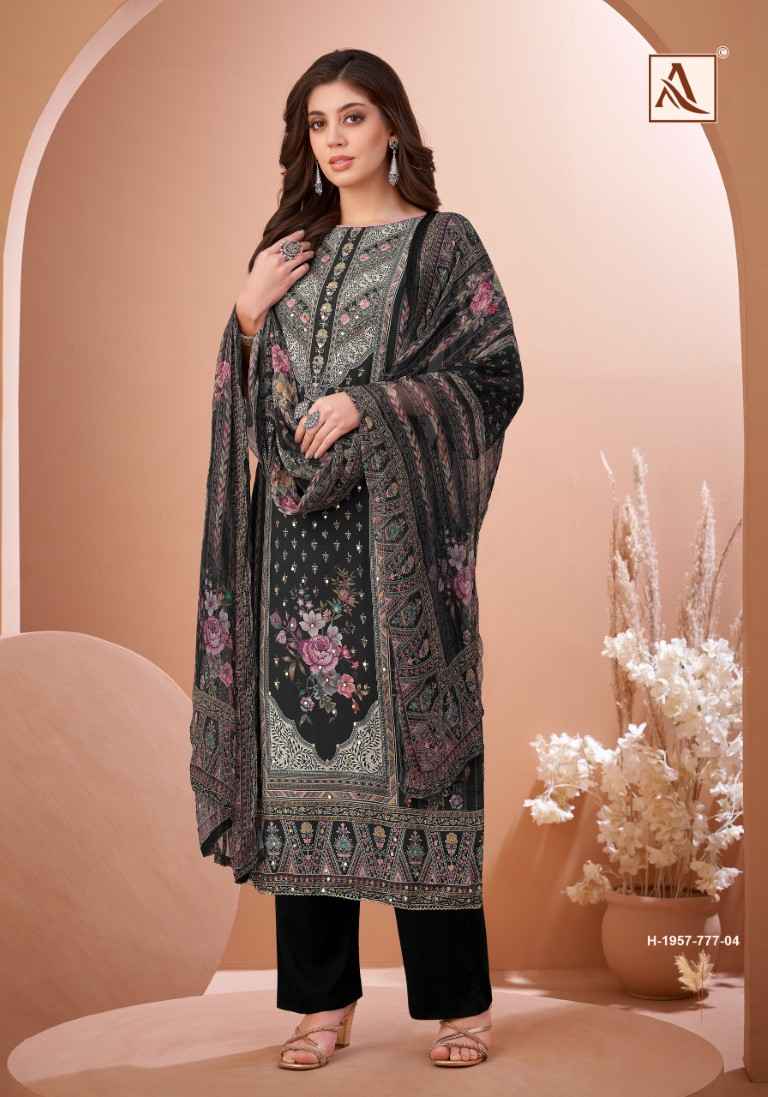 ALOK BLACK MIRROR PURE VISCOSE MASLIN PAKISTANI PRINTED DRESS MATERIAL AT WHOLESALE PRICE