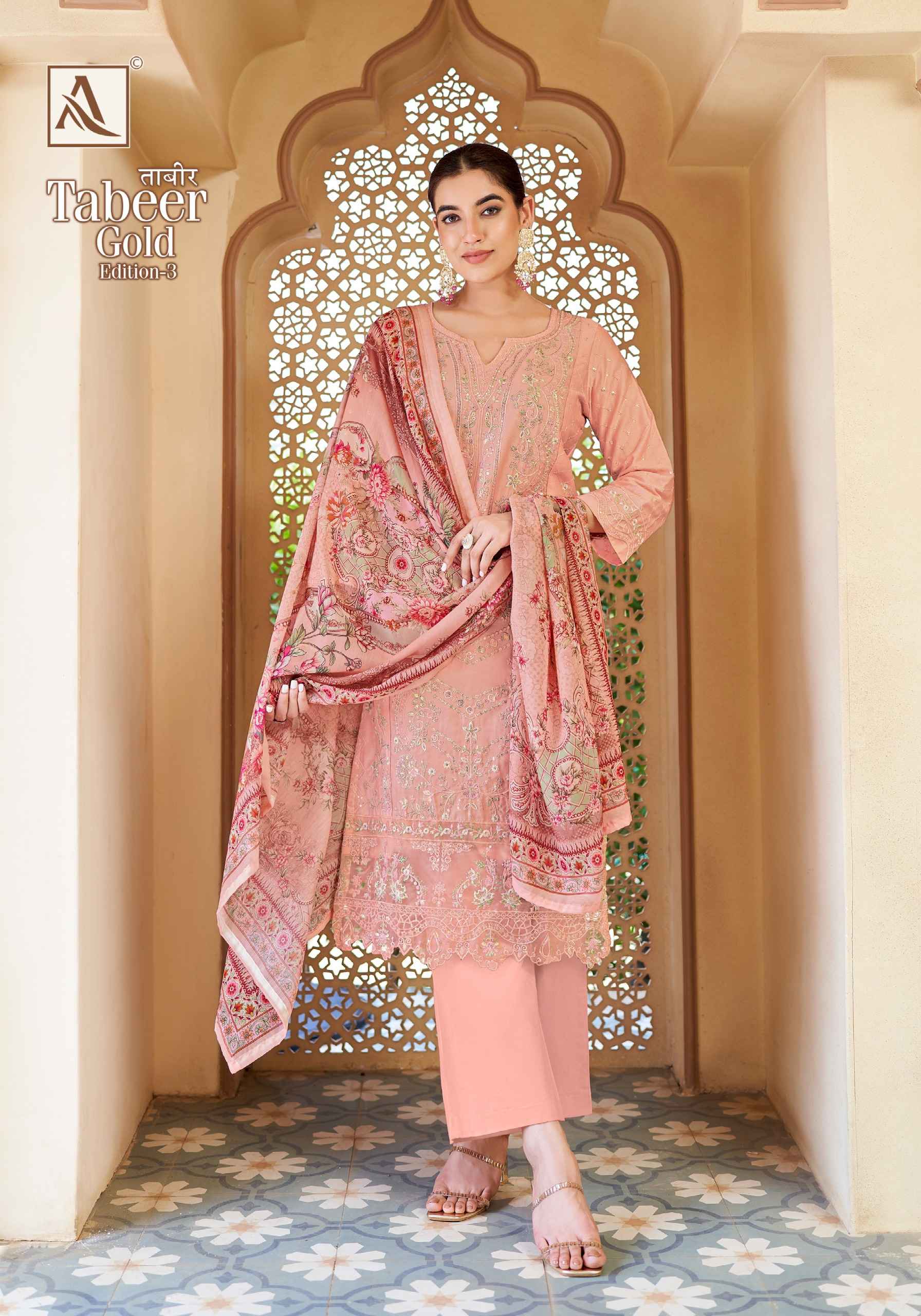 ALOK TABEER GOLD-3 PURE ZAM COTTON PAKISTANI EMBROIDERY DRESS MATERIAL AT WHOLESALE PRICE