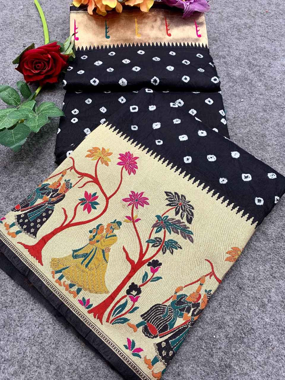 BANDHEJ WITH PAITHANI MINAKARI BORDER AND ZARI WEAVING SAREE AT WHOLESALE PRICE