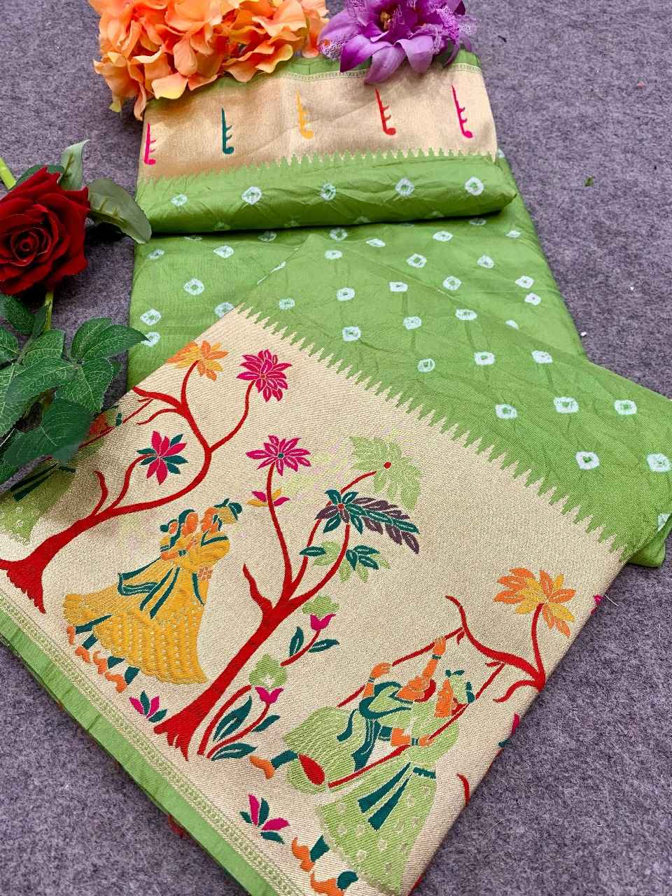 BANDHEJ WITH PAITHANI MINAKARI BORDER AND ZARI WEAVING SAREE AT WHOLESALE PRICE