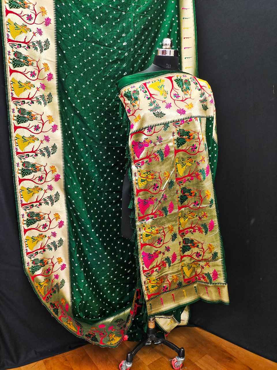 BANDHEJ WITH PAITHANI MINAKARI BORDER AND ZARI WEAVING SAREE AT WHOLESALE PRICE