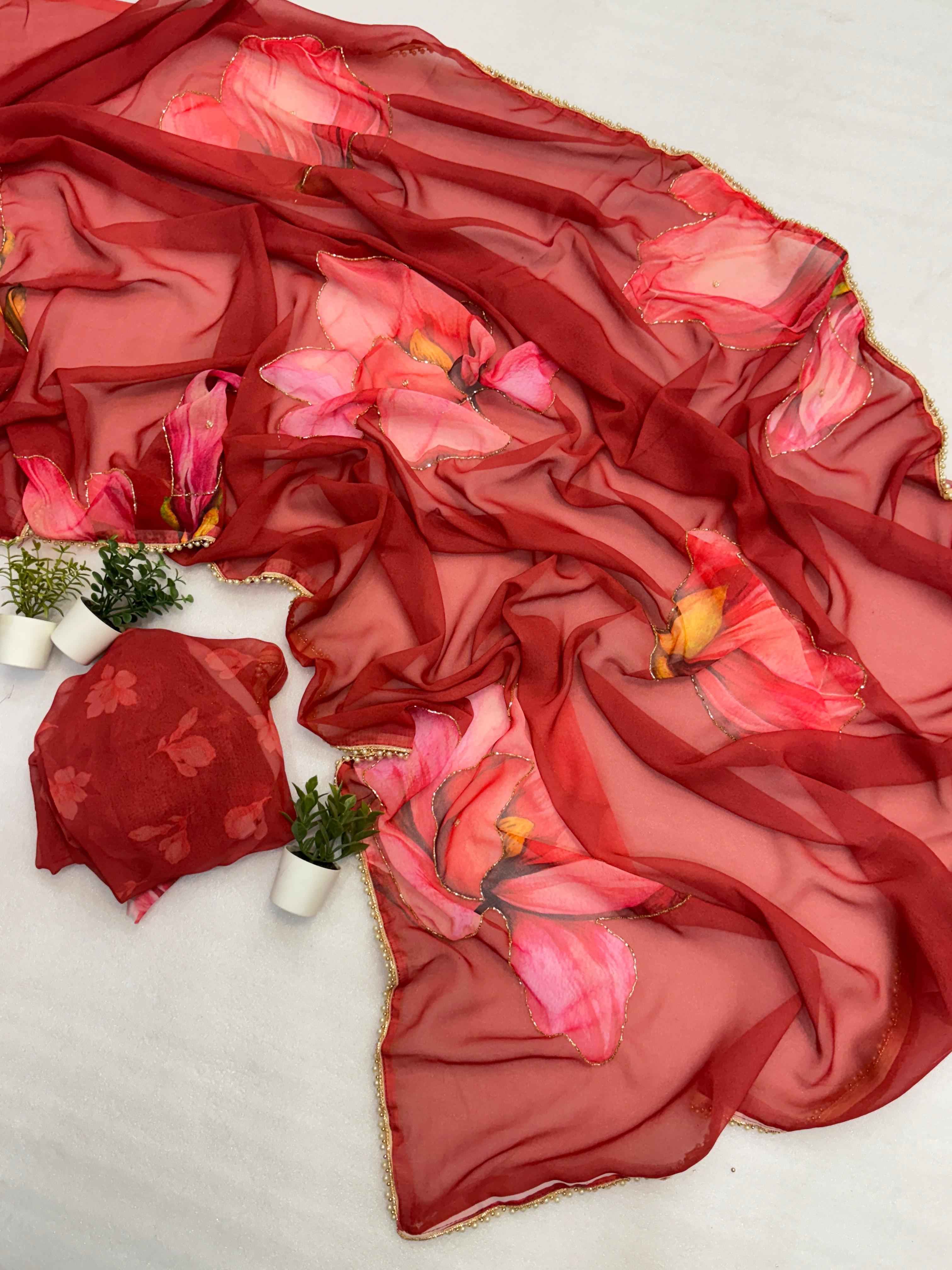CHIFFON FLORAL DIGITAL PRINT AND HANDWORK SAREE AT WHOLESALE PRICE