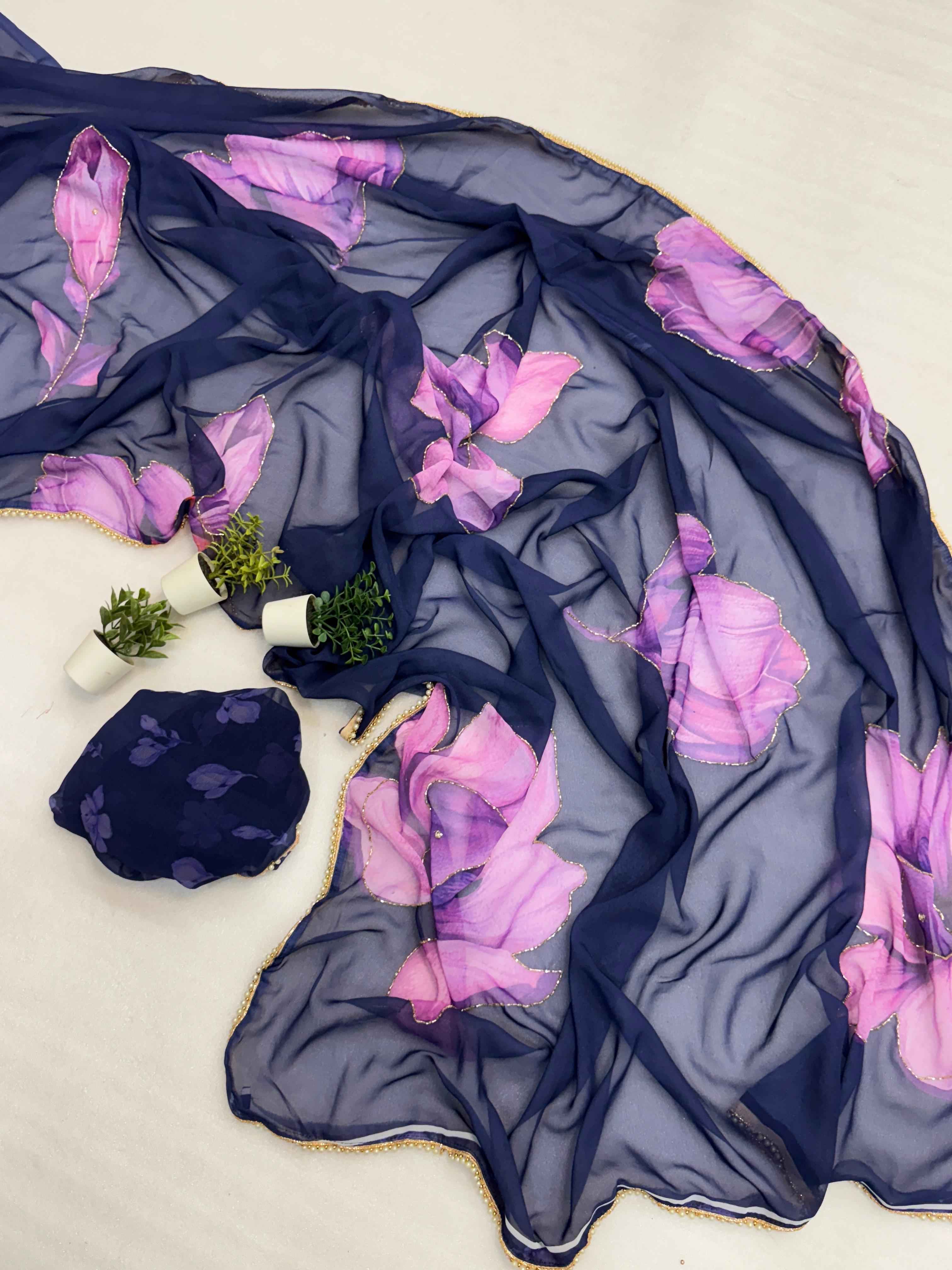 CHIFFON FLORAL DIGITAL PRINT AND HANDWORK SAREE AT WHOLESALE PRICE