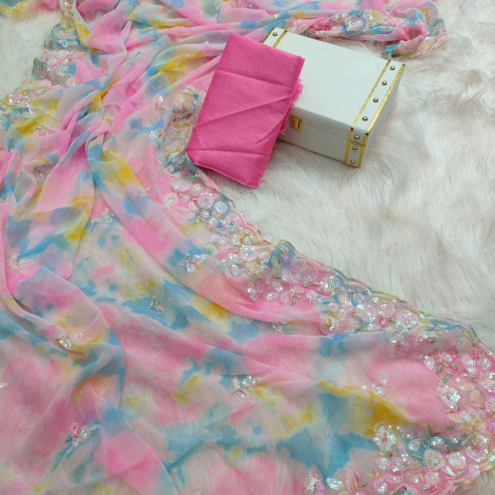 CHIFFON GEORGETTE PRIZAM PRINT WITH SEQUENCE EMBROIDERY SAREE AT WHOLESALE PRICE