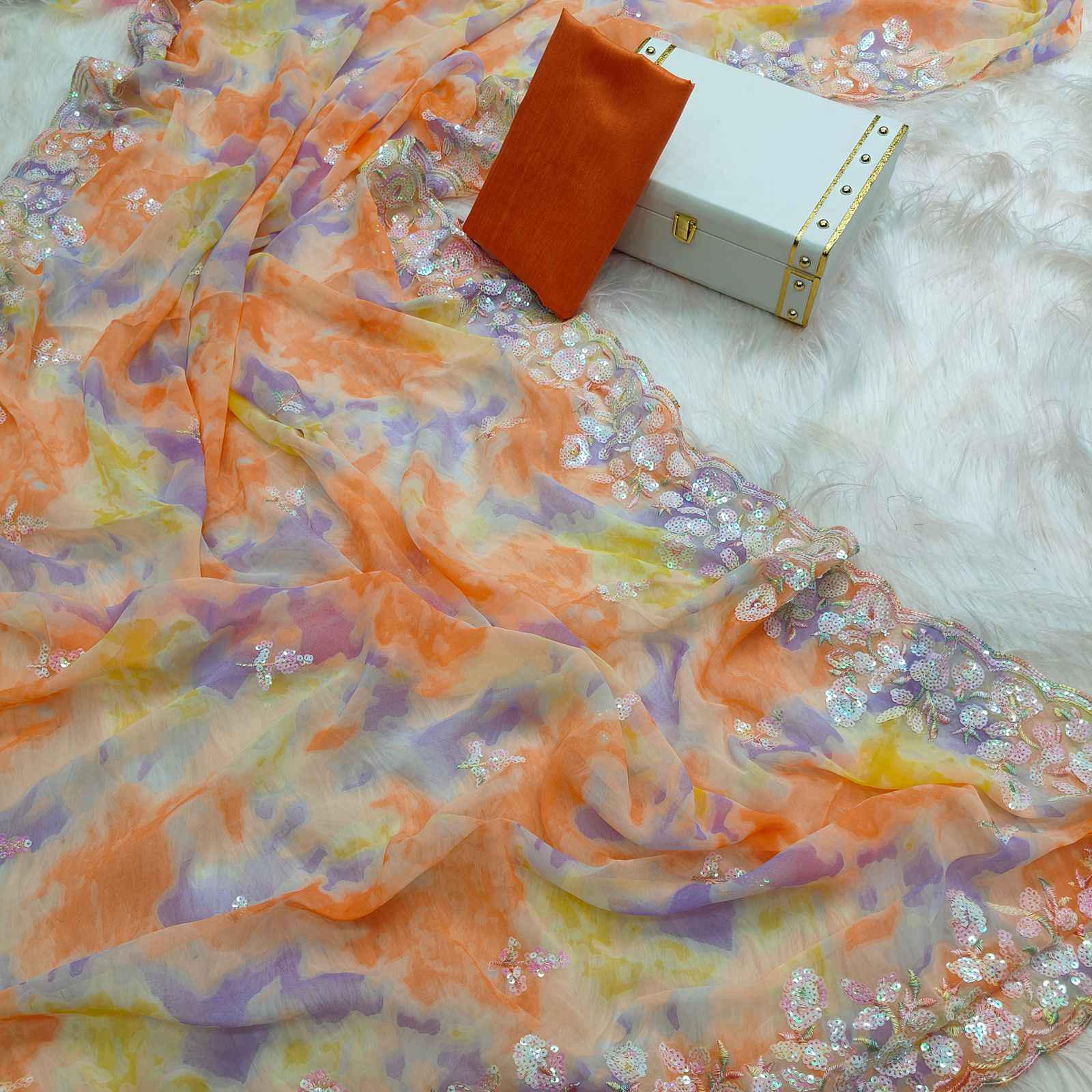 CHIFFON GEORGETTE PRIZAM PRINT WITH SEQUENCE EMBROIDERY SAREE AT WHOLESALE PRICE