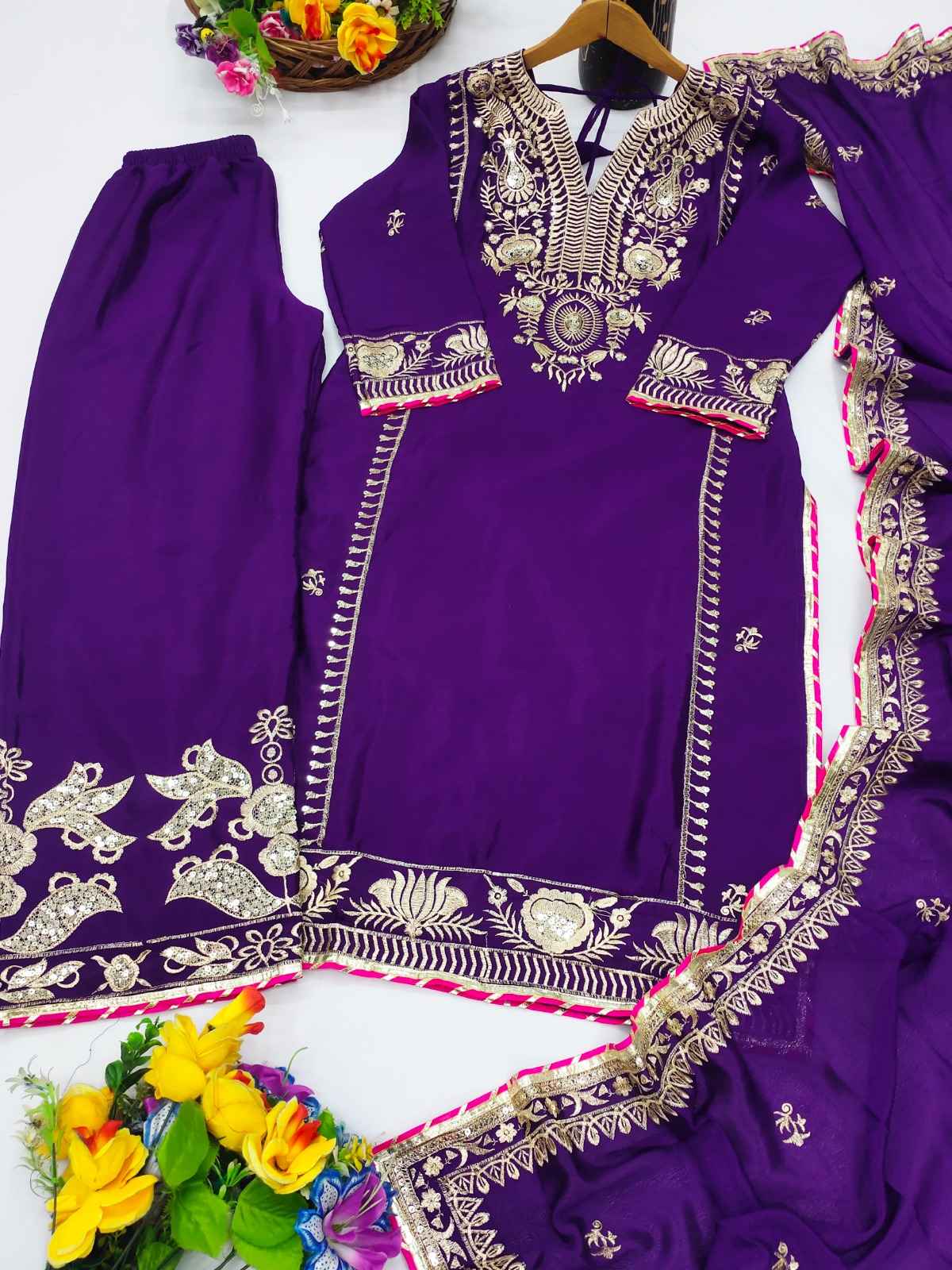 CHINON SEQUENCE EMBROIDERY WORK HEAVY KURTI PANT WITH DUPATTA AT WHOLESALE PRICE