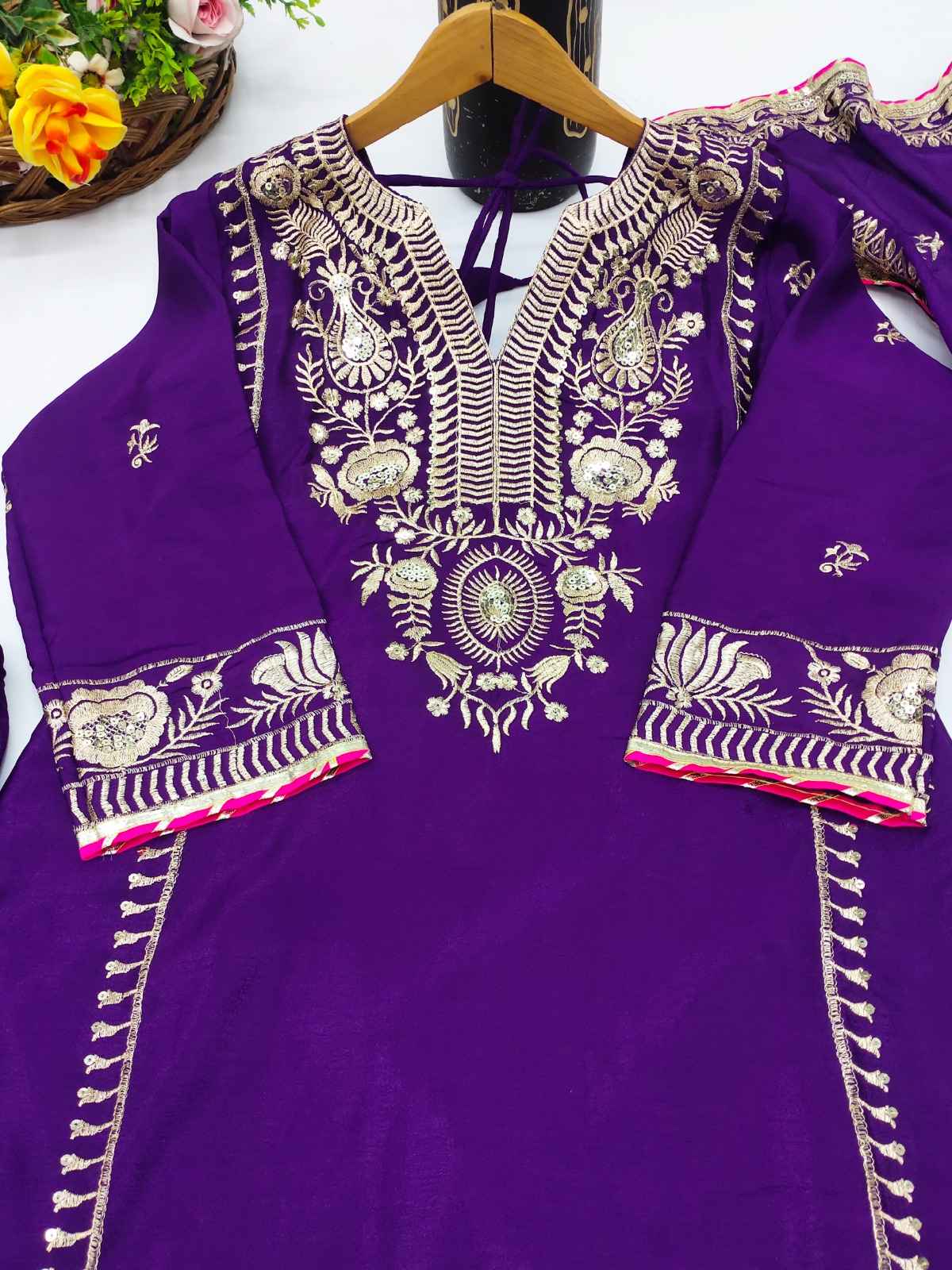 CHINON SEQUENCE EMBROIDERY WORK HEAVY KURTI PANT WITH DUPATTA AT WHOLESALE PRICE
