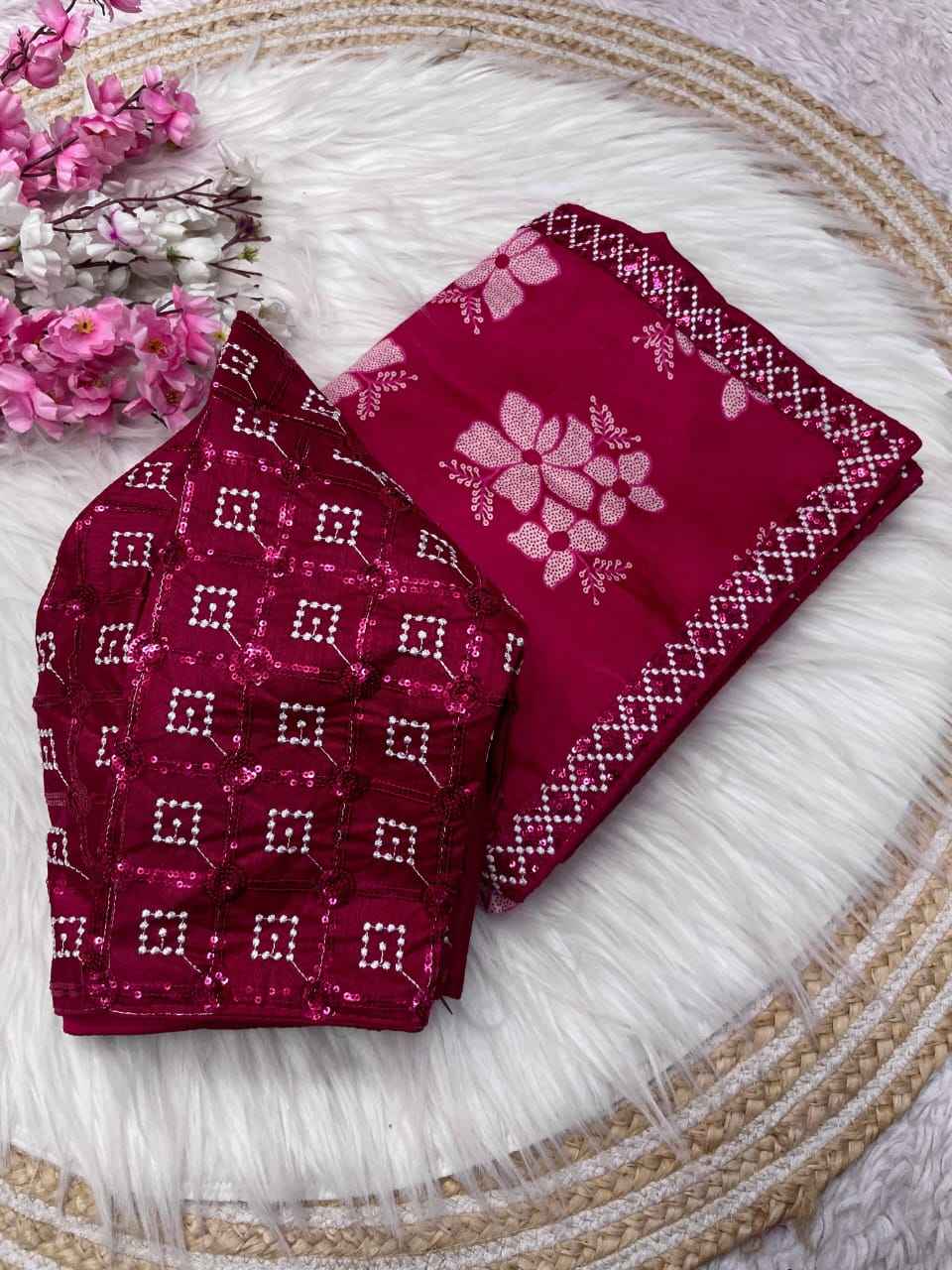 PURE CHINON SILK PRINT DESIGN SAREE WITH STICH BLOUSE AT WHOLESALE PRICE