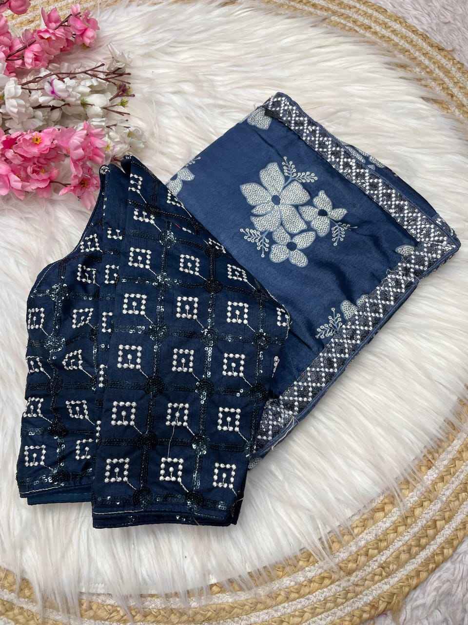 PURE CHINON SILK PRINT DESIGN SAREE WITH STICH BLOUSE AT WHOLESALE PRICE