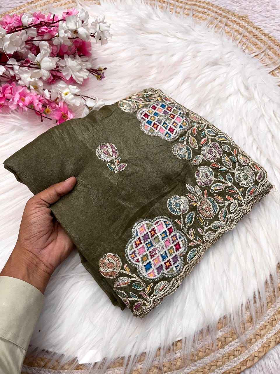 CHOCOLATE SILK MULTI SEQUENCE BUTTA WORK SAREE AT WHOLESALE PRICE