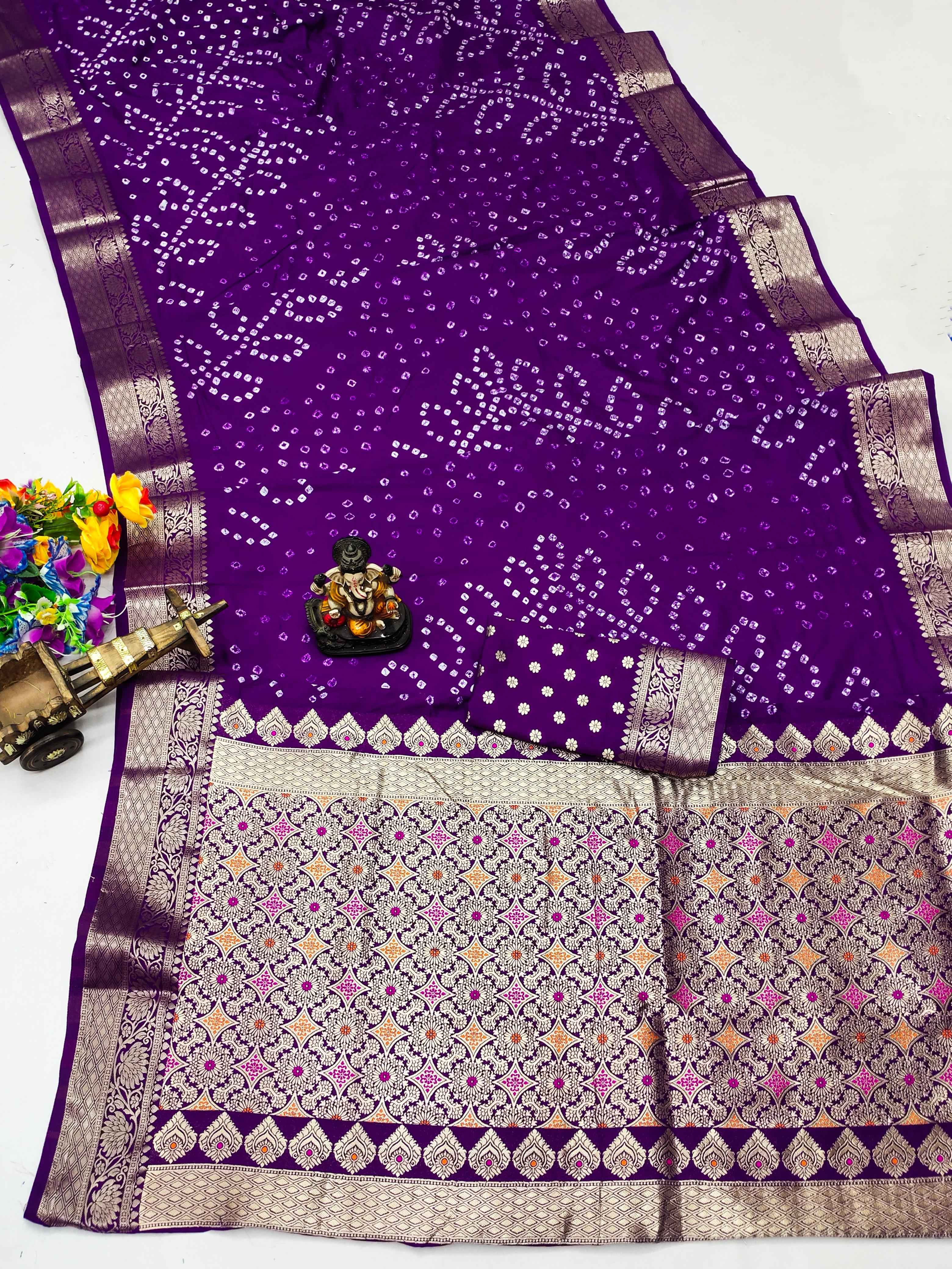 DOLA SOFT SILK HANDMADE BANDHEJ WITH ZARI WEAVING SAREES AT WHOLESALE PRICE
