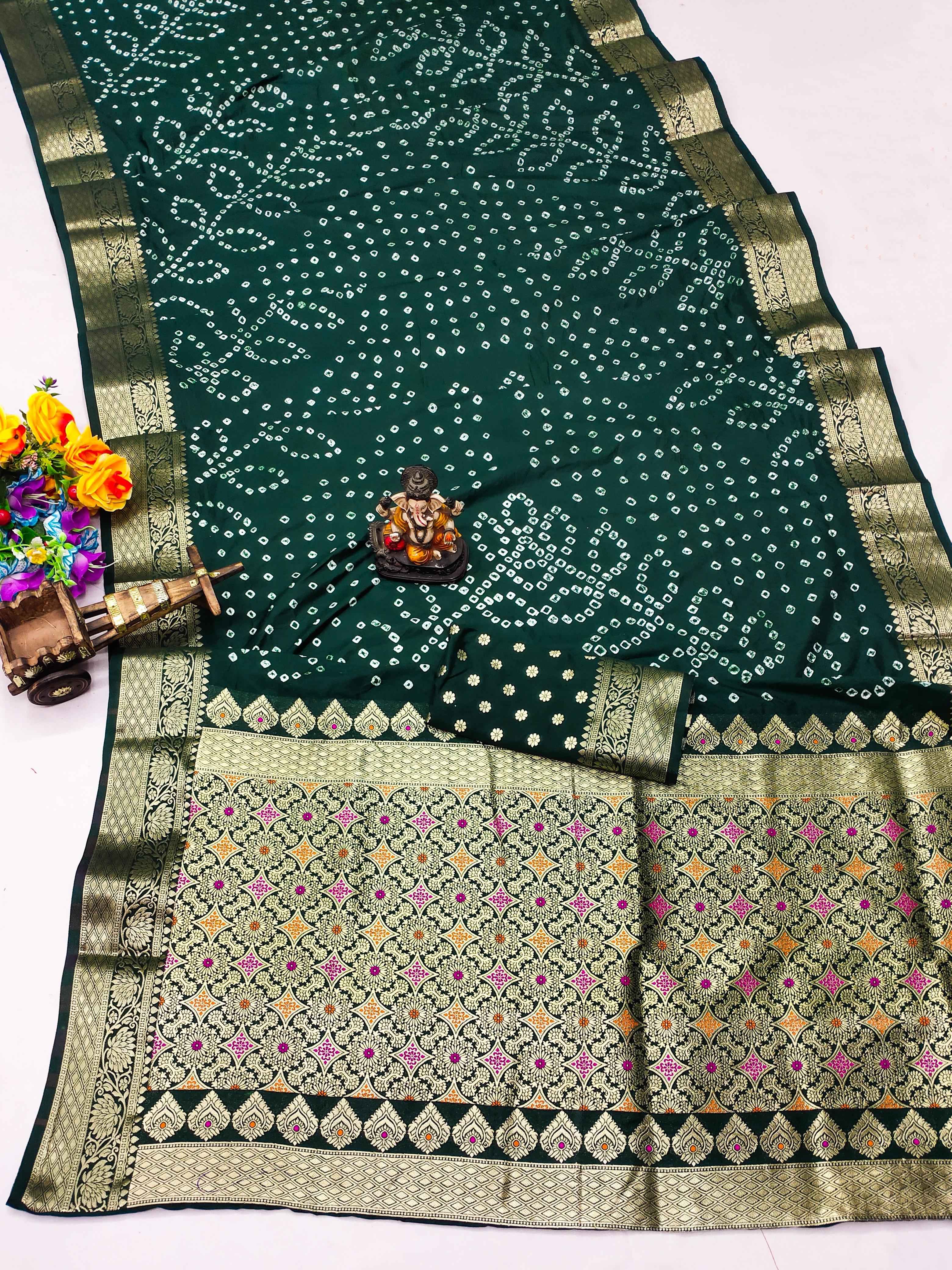 DOLA SOFT SILK HANDMADE BANDHEJ WITH ZARI WEAVING SAREES AT WHOLESALE PRICE