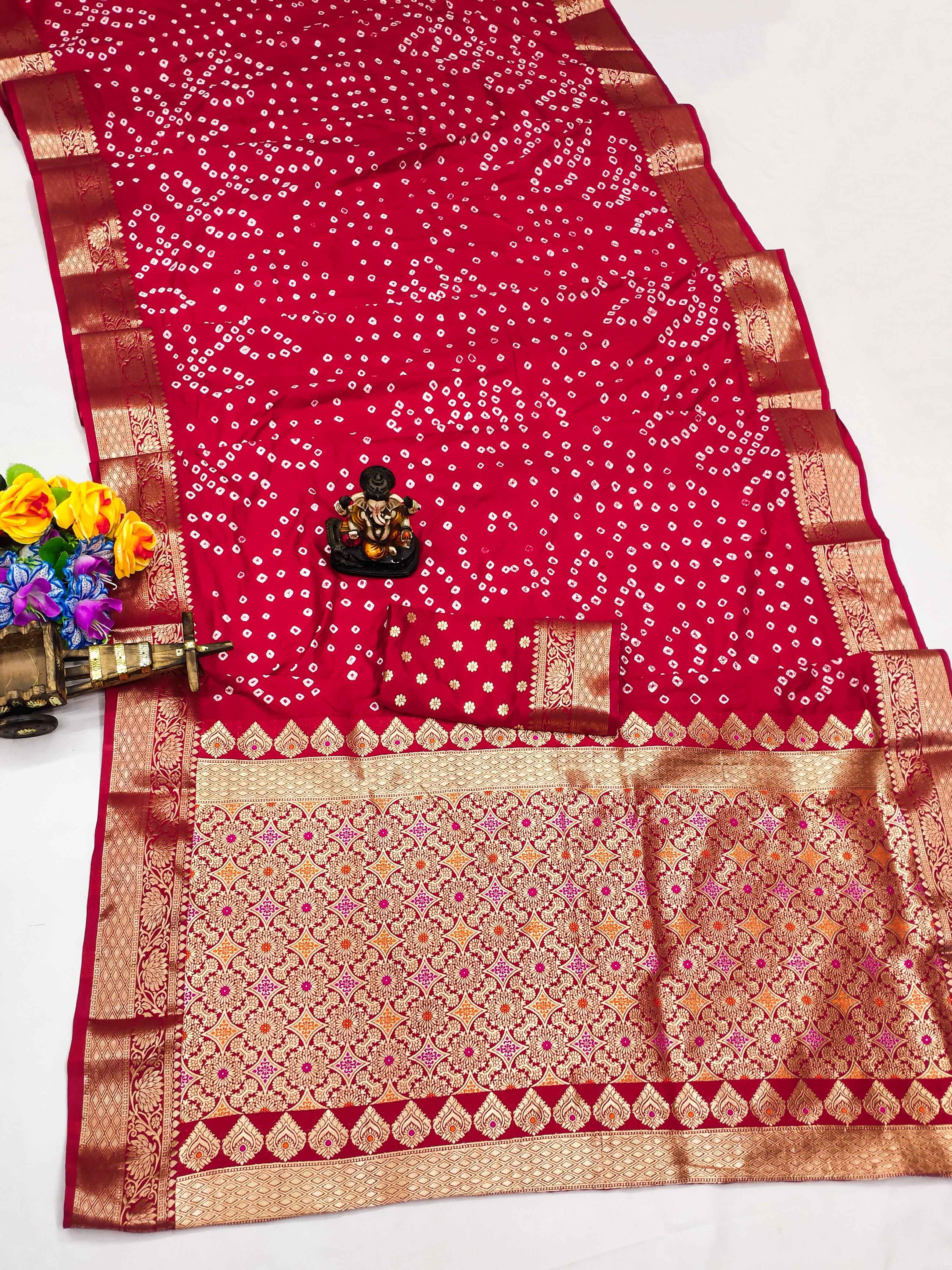 DOLA SOFT SILK HANDMADE BANDHEJ WITH ZARI WEAVING SAREES AT WHOLESALE PRICE