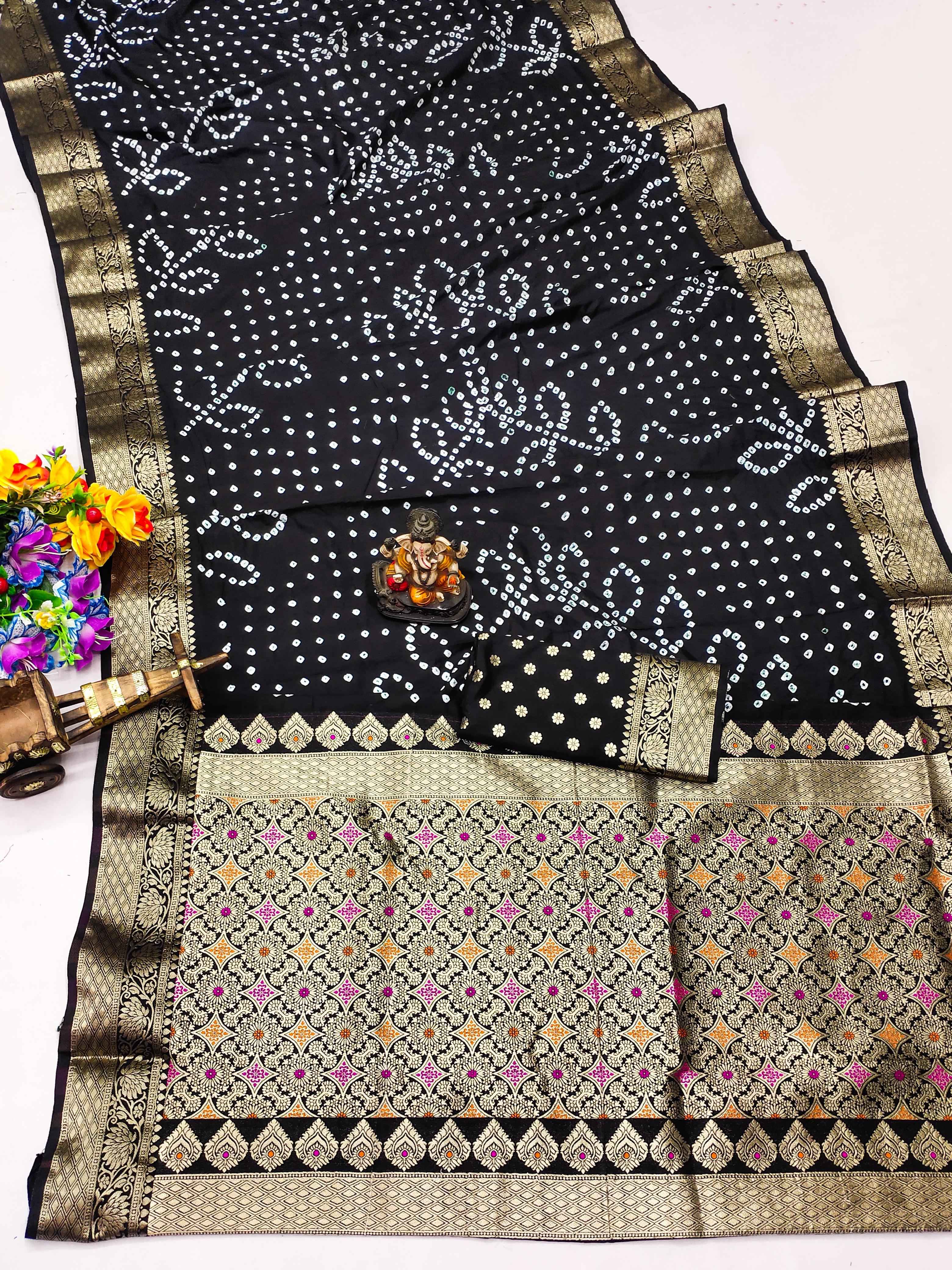 DOLA SOFT SILK HANDMADE BANDHEJ WITH ZARI WEAVING SAREES AT WHOLESALE PRICE