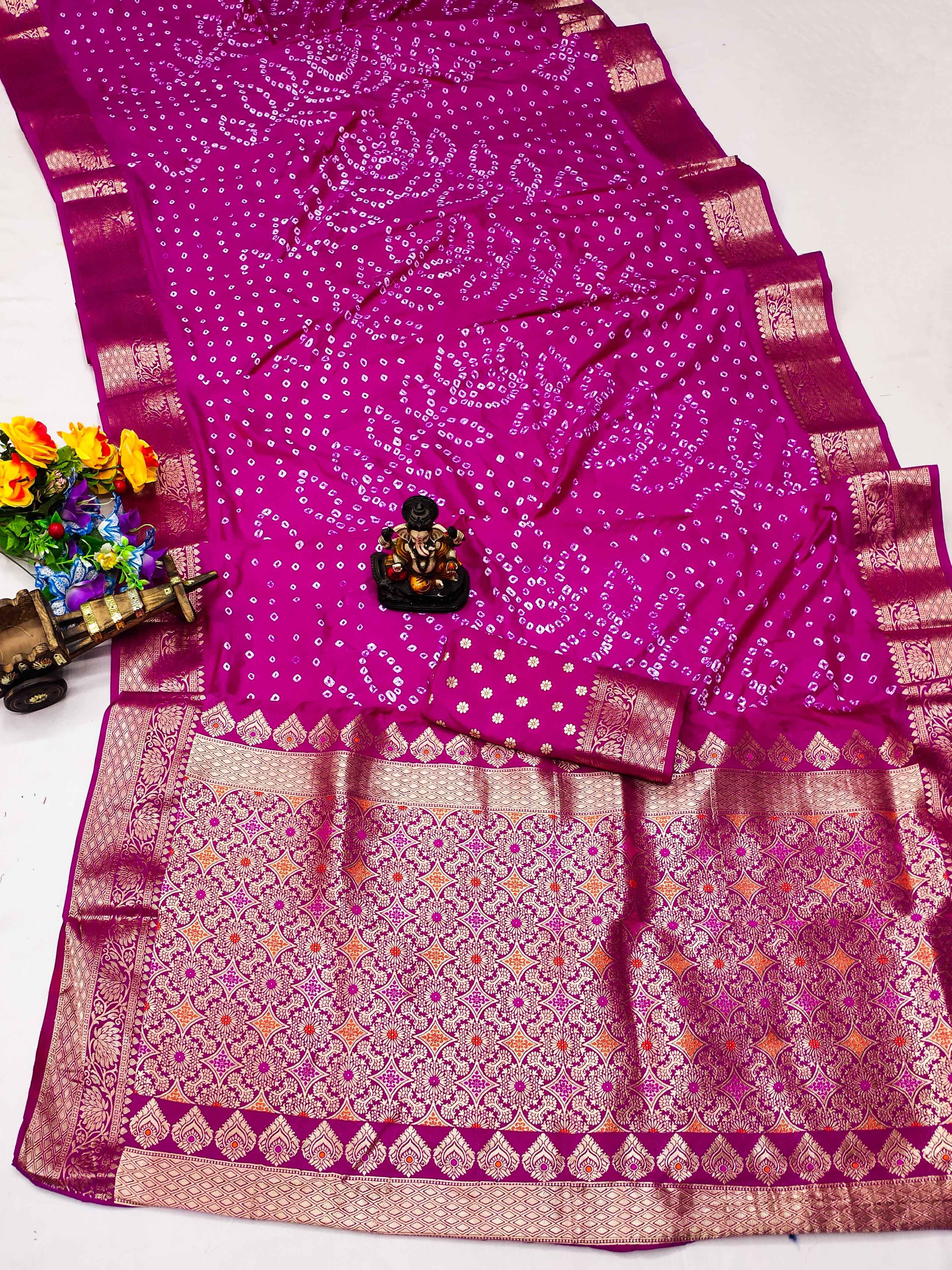 DOLA SOFT SILK HANDMADE BANDHEJ WITH ZARI WEAVING SAREES AT WHOLESALE PRICE