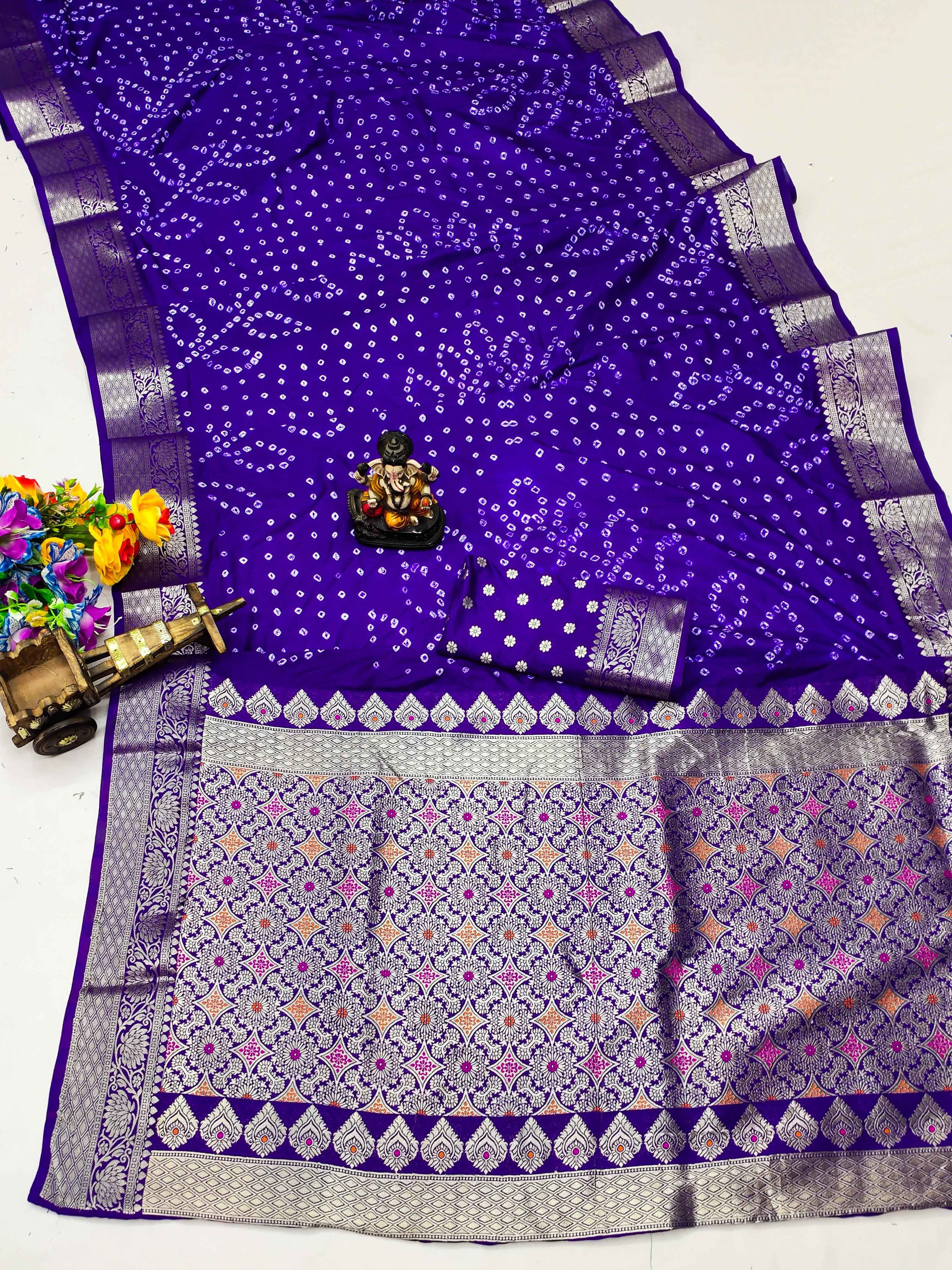 DOLA SOFT SILK HANDMADE BANDHEJ WITH ZARI WEAVING SAREES AT WHOLESALE PRICE