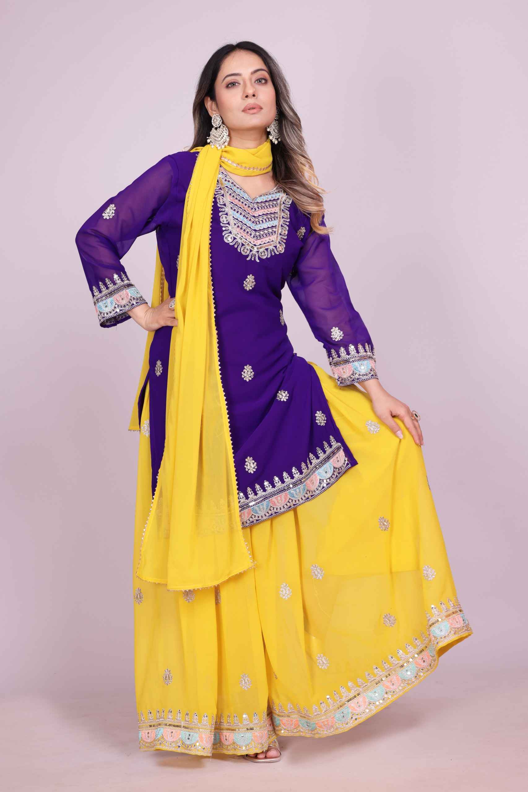 FOX GEORGETTE SEQUENCE EMBROIDERED SHARARA SUIT AT WHOLESALE PRICE