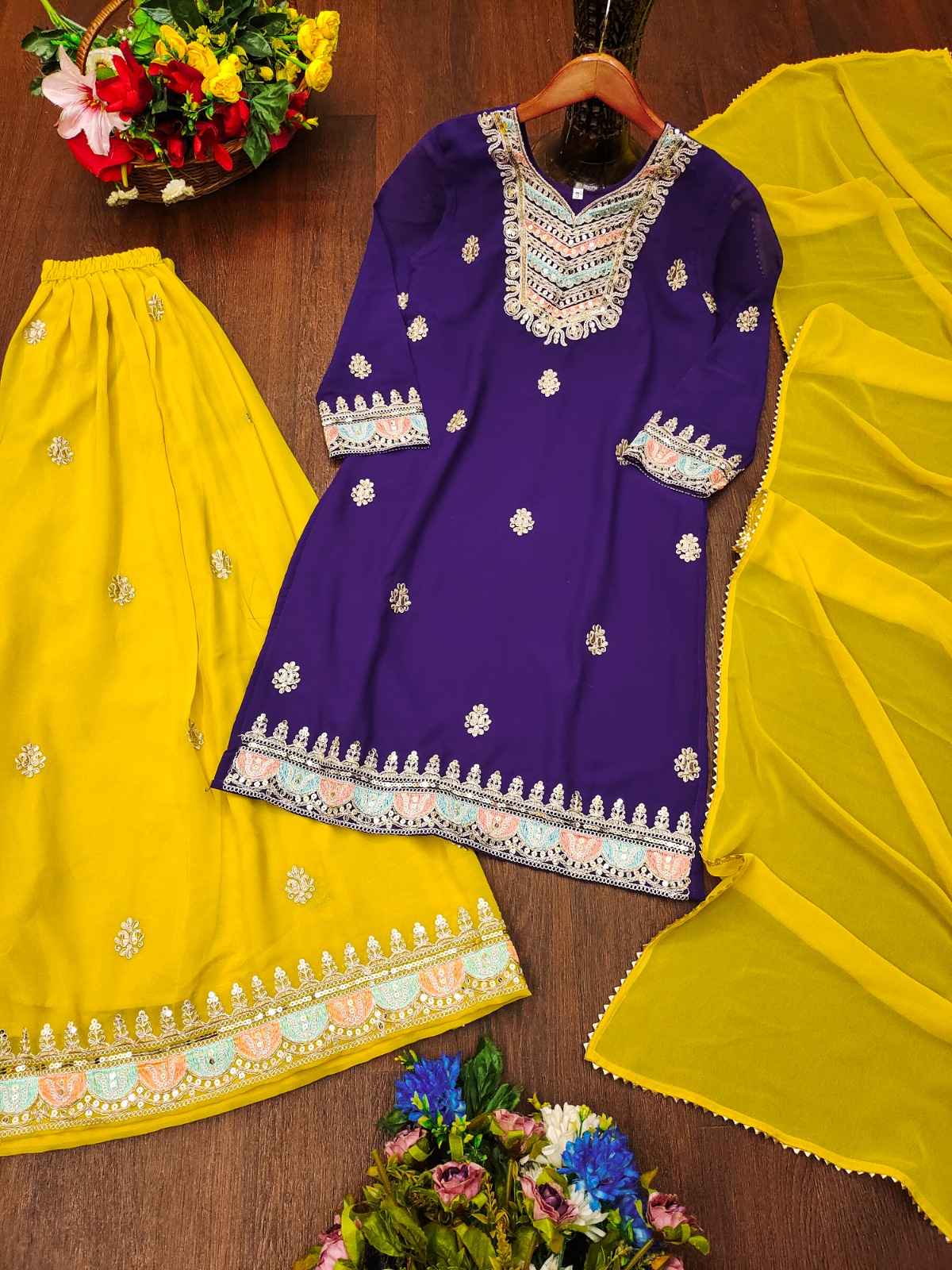 FOX GEORGETTE SEQUENCE EMBROIDERED SHARARA SUIT AT WHOLESALE PRICE