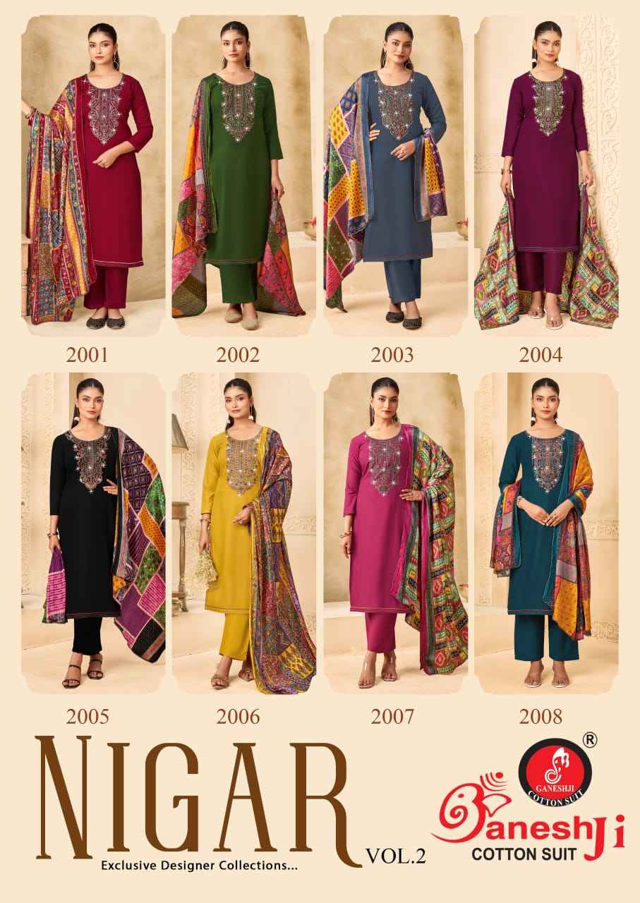 GANESHJI NIGAR VOL-02 PURE REYON SLUB WITH EMBROIDERY DRESS MATERIAL AT WHOLESALE PRICE