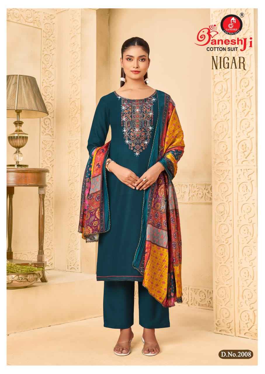 GANESHJI NIGAR VOL-02 PURE REYON SLUB WITH EMBROIDERY DRESS MATERIAL AT WHOLESALE PRICE