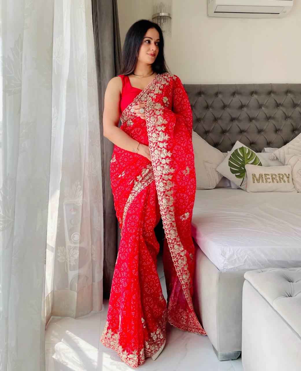 GEORGETTE BANDHEJ PRINT & SEQUINS EMBROIDERY SAREE AT WHOLESALE PRICE