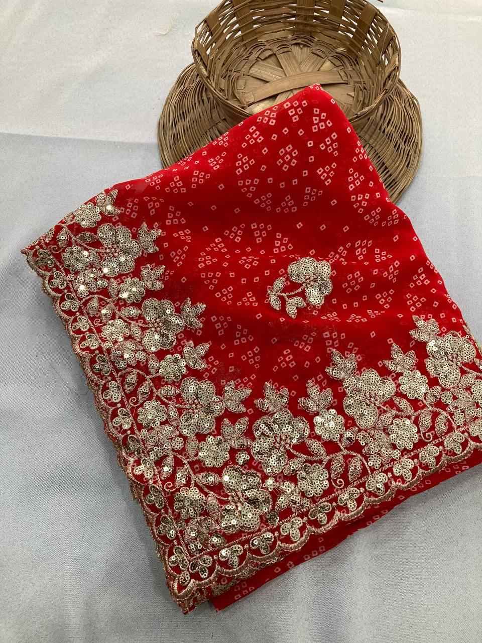 GEORGETTE BANDHEJ PRINT & SEQUINS EMBROIDERY SAREE AT WHOLESALE PRICE