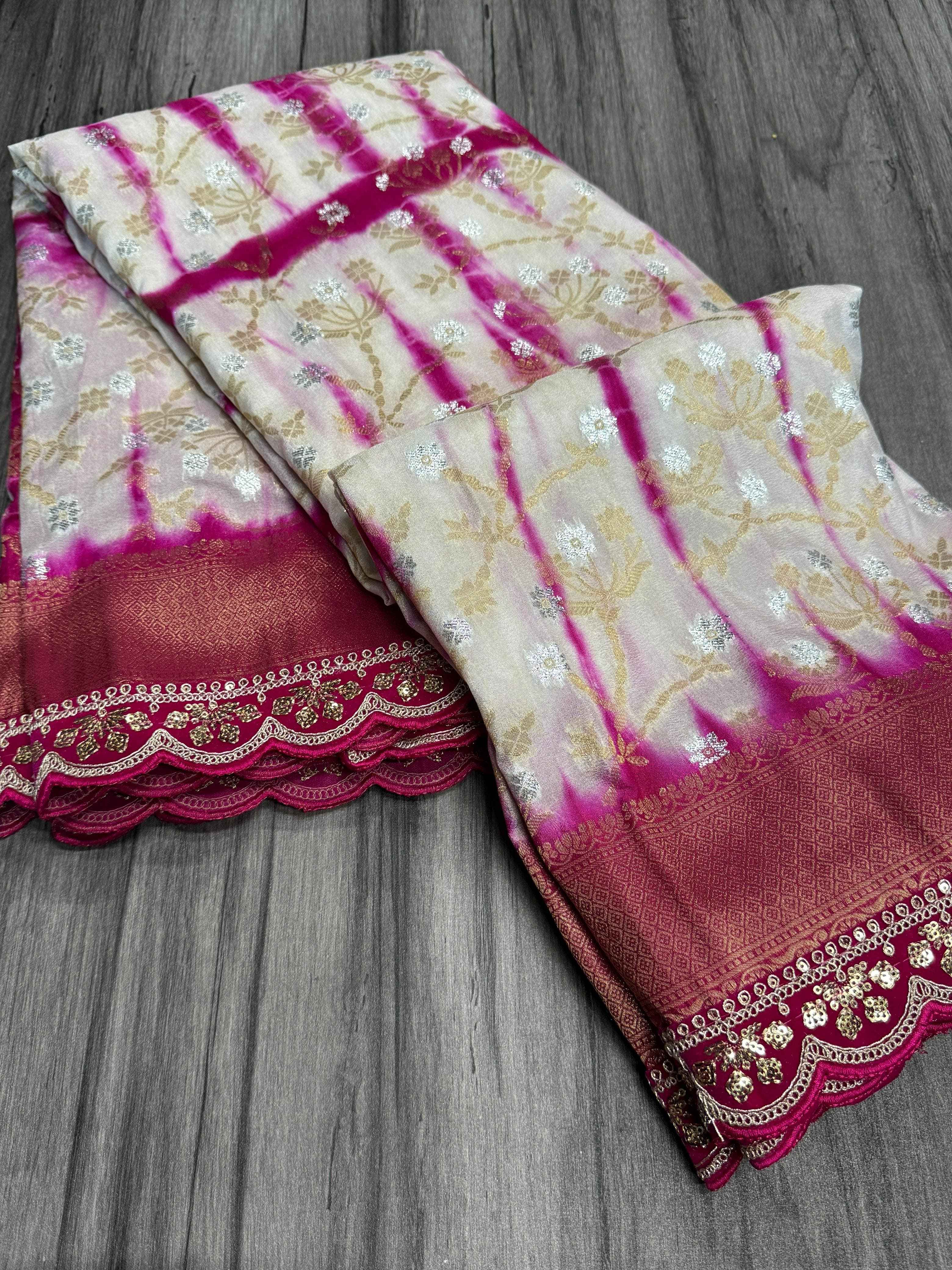 GEORGETTE KHADI CREPE SILK  ZARI WEAVING WITH EMBROIDERED LACE SAREE AT WHOLESALE PRICE