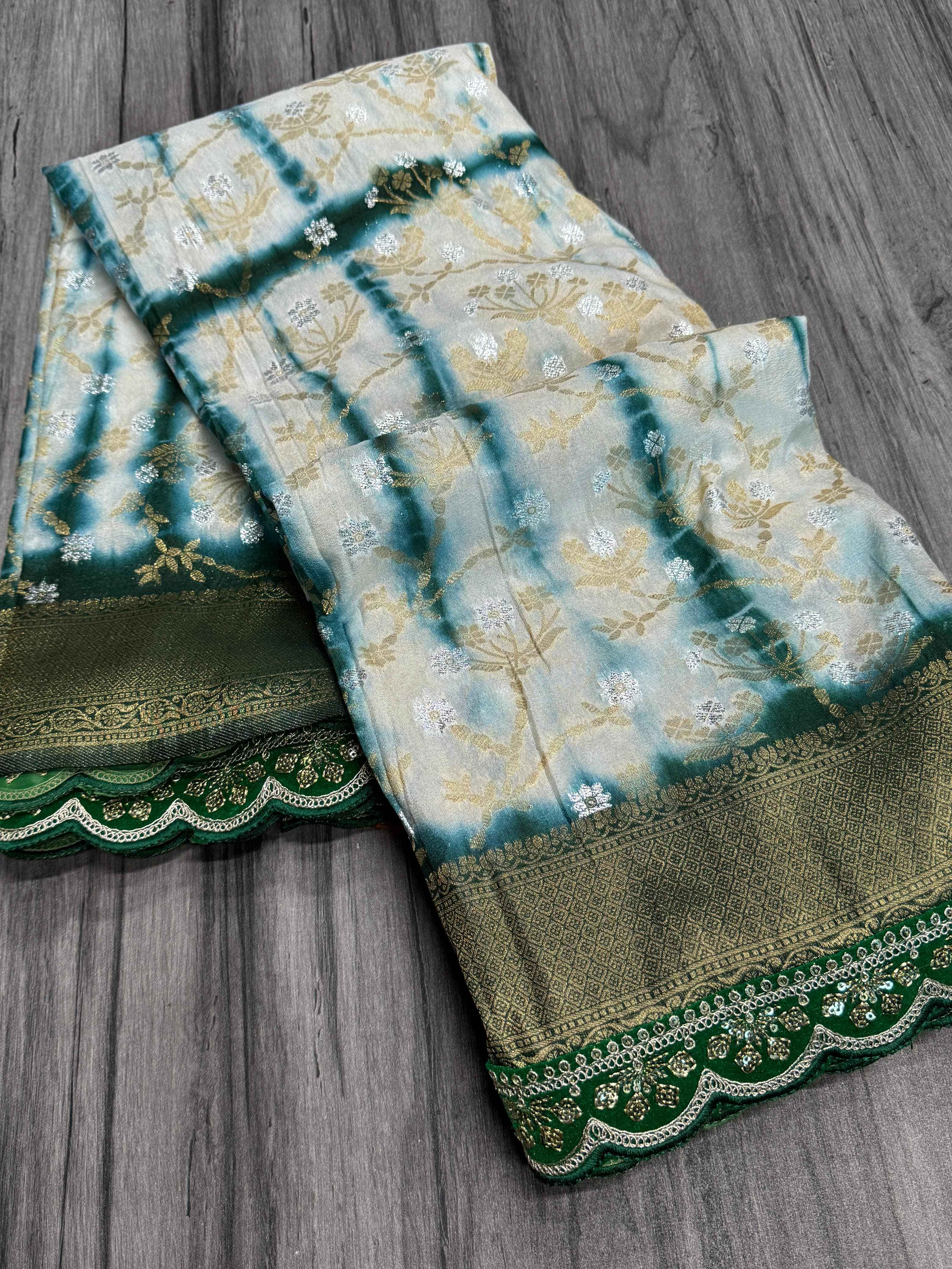 GEORGETTE KHADI CREPE SILK  ZARI WEAVING WITH EMBROIDERED LACE SAREE AT WHOLESALE PRICE