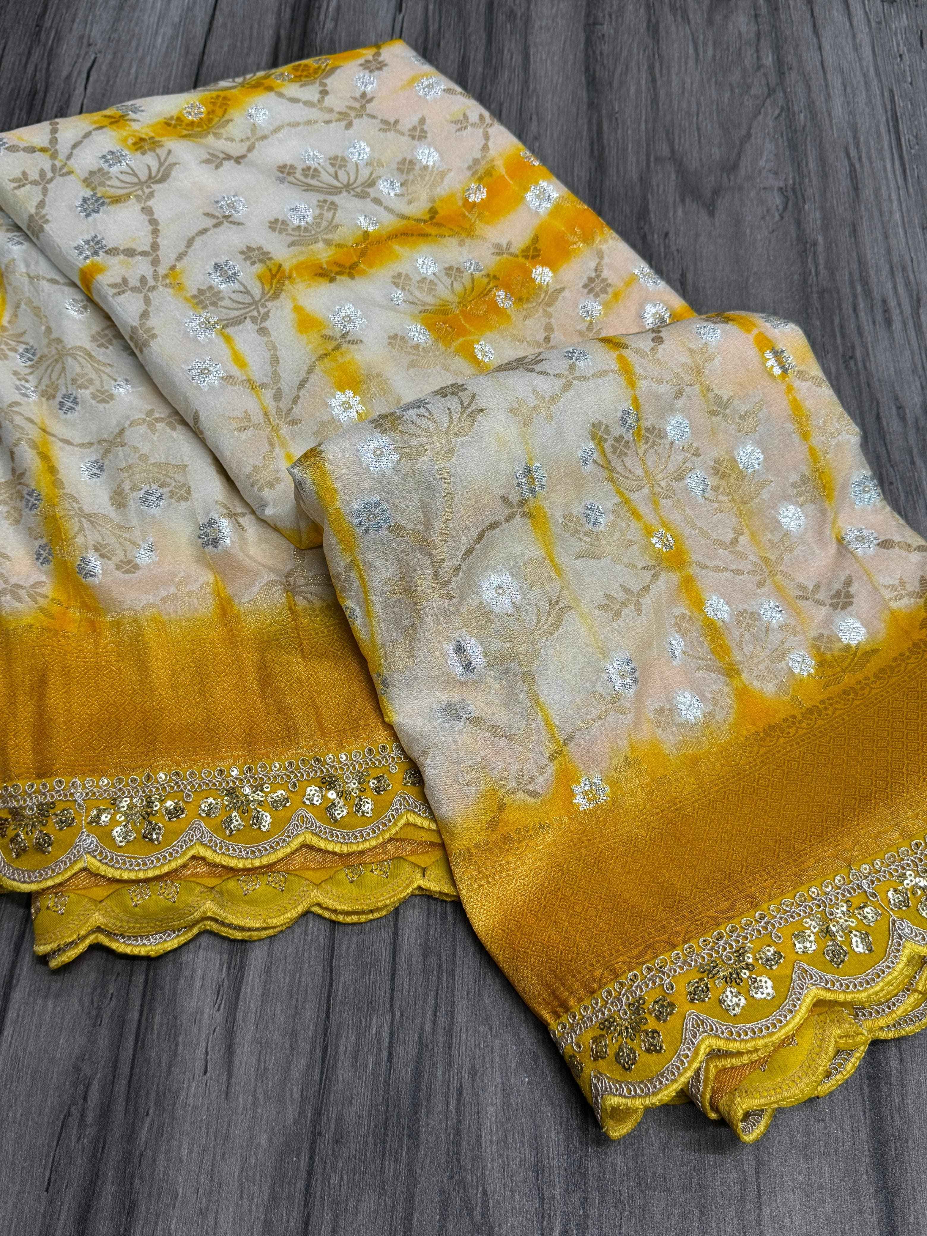 GEORGETTE KHADI CREPE SILK  ZARI WEAVING WITH EMBROIDERED LACE SAREE AT WHOLESALE PRICE