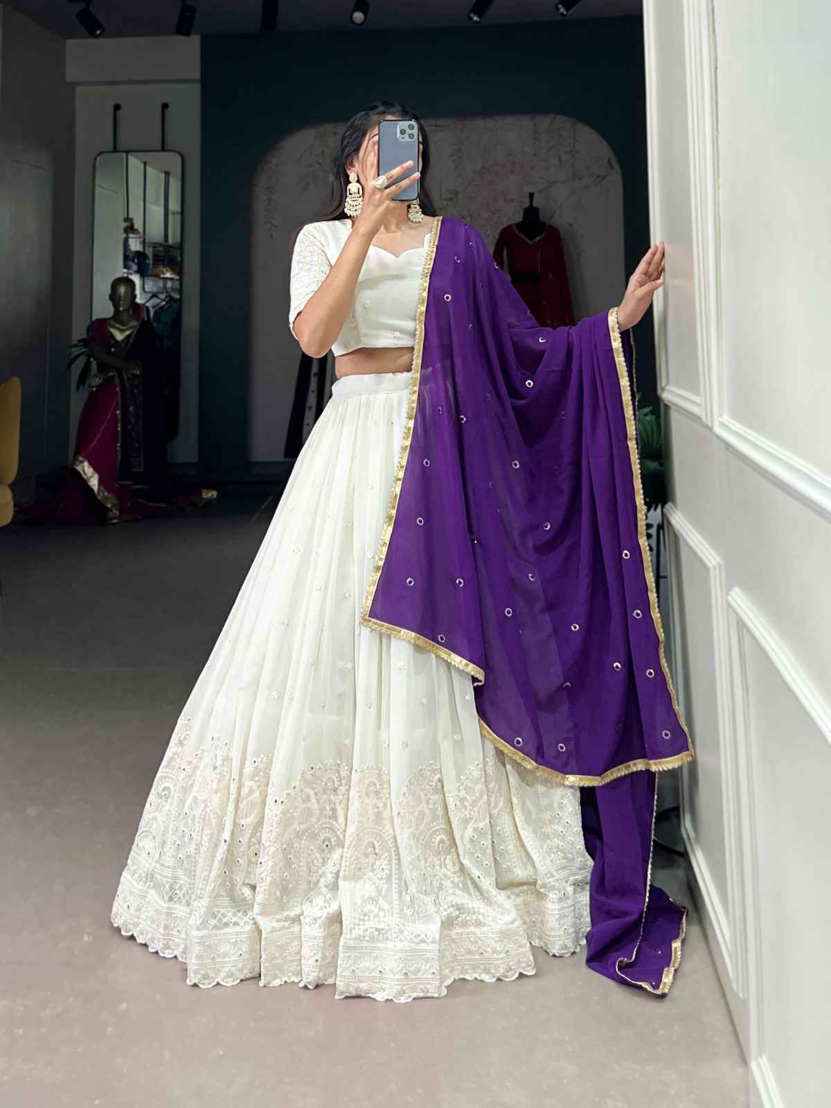 GEORGETTE LUCKNOWI PAPER MIRROR WORK LEHENGA CHOLI AT WHOLESALE PRICE