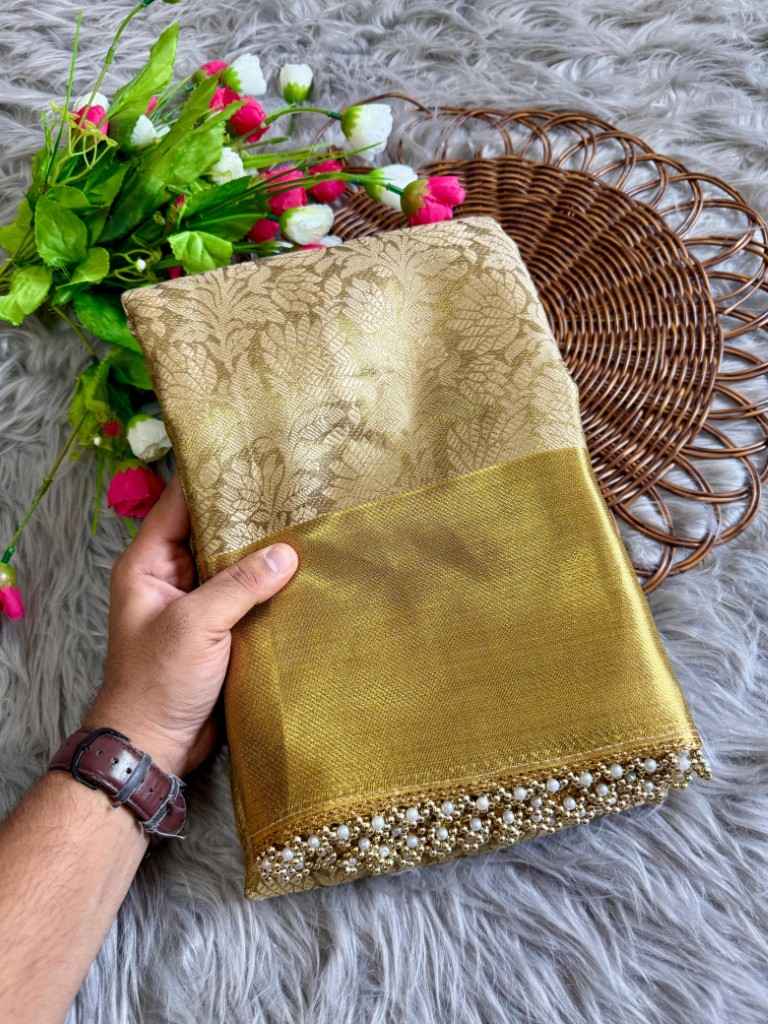 GOLDEN TISSUE SILK GHUNGROO AND PEARL BORDER SAREE AT WHOLESALE PRICE