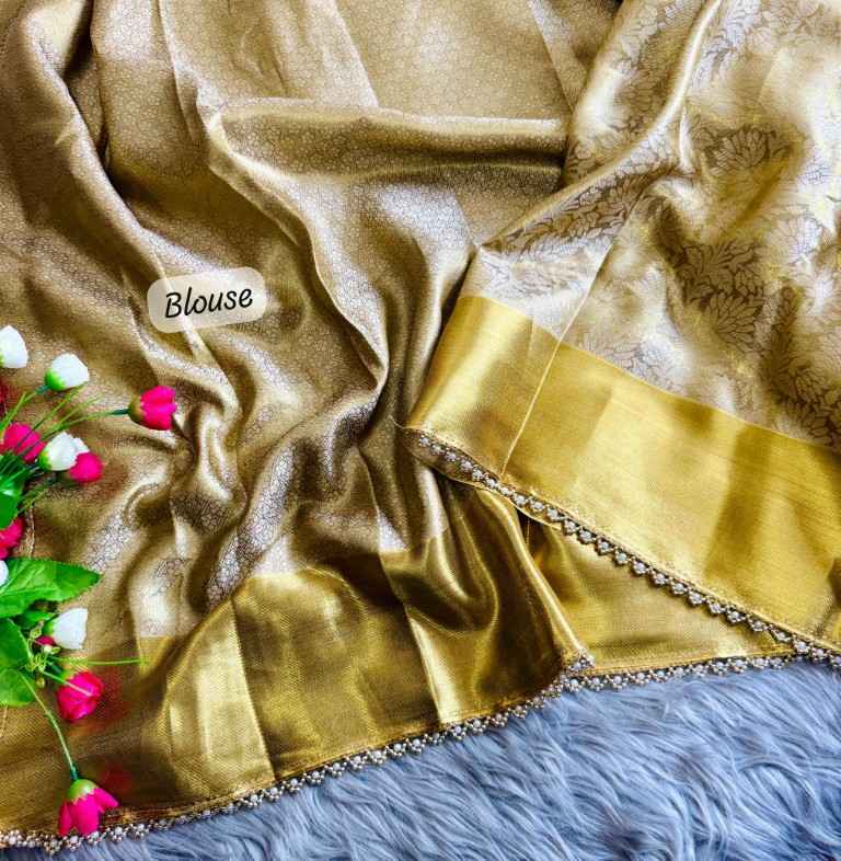 GOLDEN TISSUE SILK GHUNGROO AND PEARL BORDER SAREE AT WHOLESALE PRICE