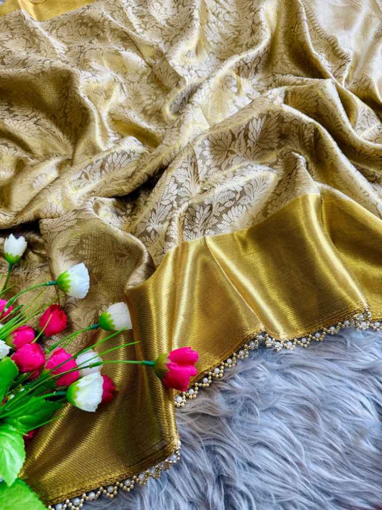 GOLDEN TISSUE SILK GHUNGROO AND PEARL BORDER SAREE AT WHOLESALE PRICE
