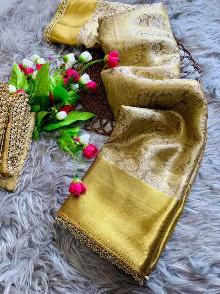 GOLDEN TISSUE SILK GHUNGROO AND PEARL BORDER SAREE AT WHOLESALE PRICE