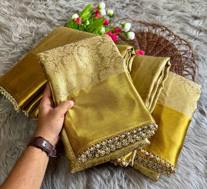 GOLDEN TISSUE SILK GHUNGROO AND PEARL BORDER SAREE AT WHOLESALE PRICE