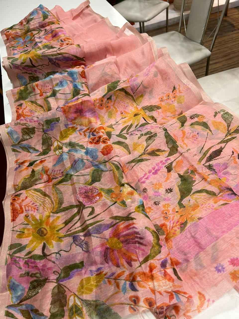 HANDLOOM LINEN FLORAL DIGITAL PRINT SAREE AT WHOLESALE PRICE