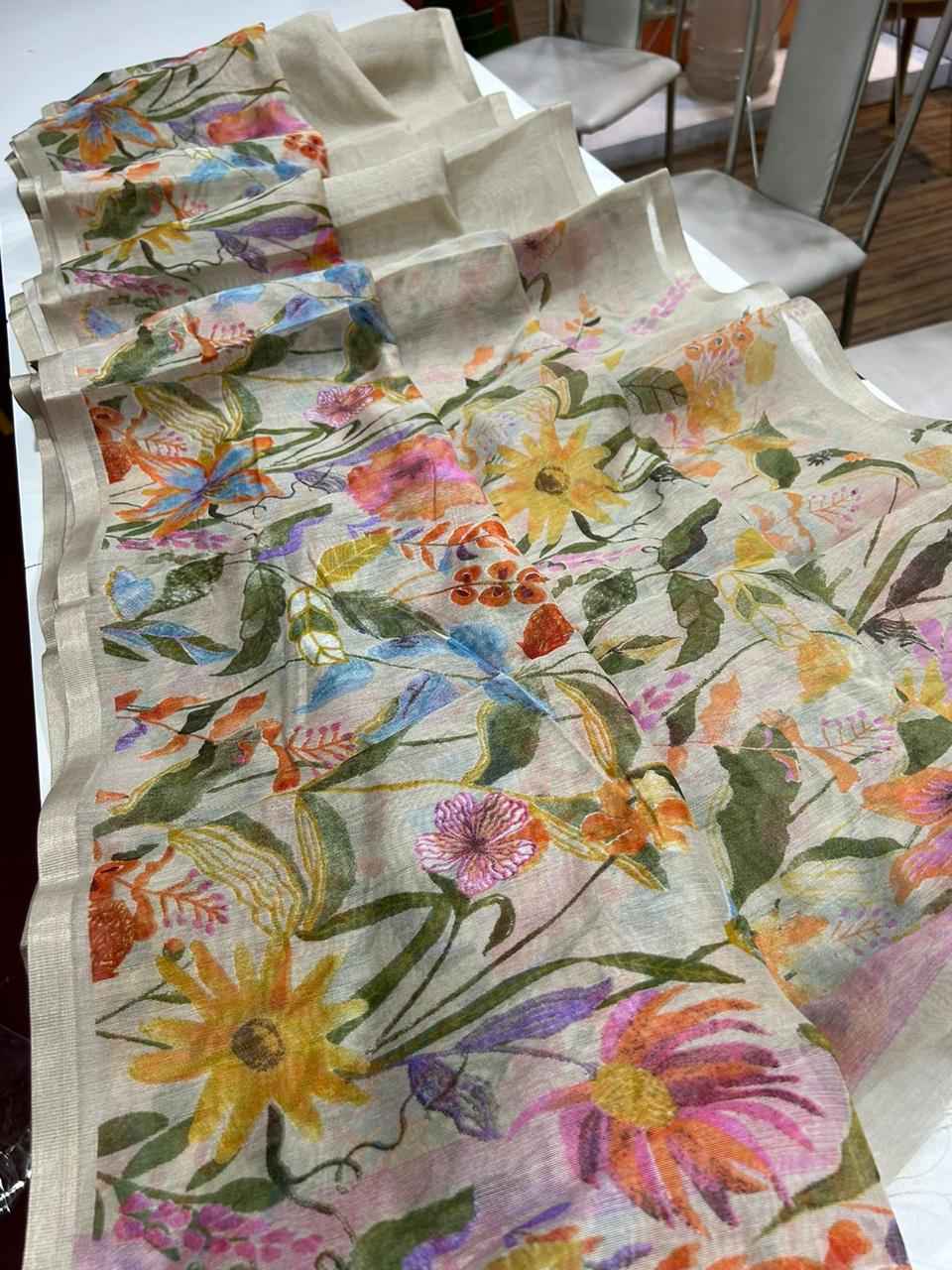 HANDLOOM LINEN FLORAL DIGITAL PRINT SAREE AT WHOLESALE PRICE