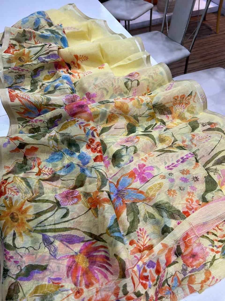 HANDLOOM LINEN FLORAL DIGITAL PRINT SAREE AT WHOLESALE PRICE