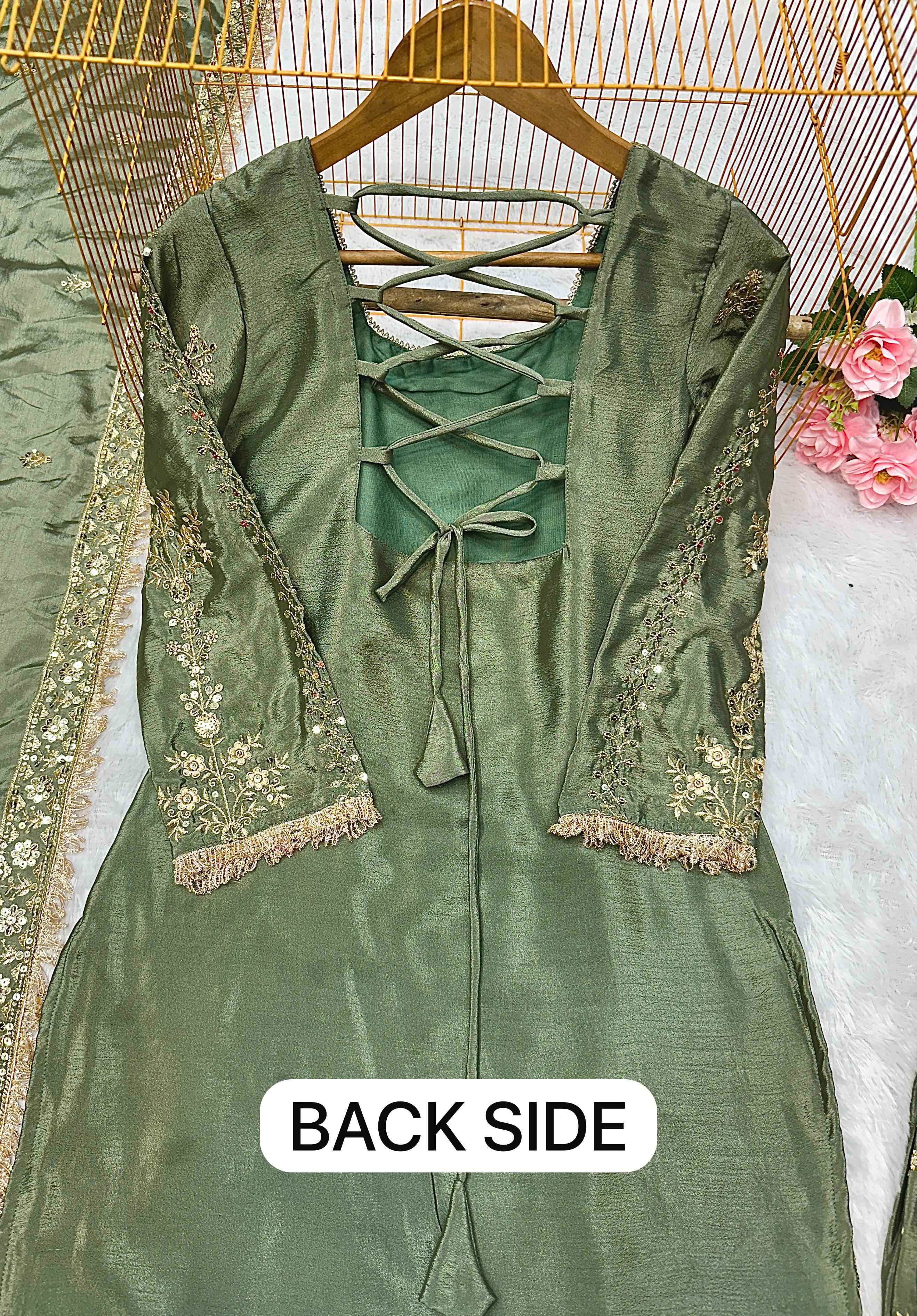 HAVY CHINON SILK WITH HAVY EMBROIDERY TOP AND PLAZZO WITH DUPATTA AT WHOLESALE PRICE
