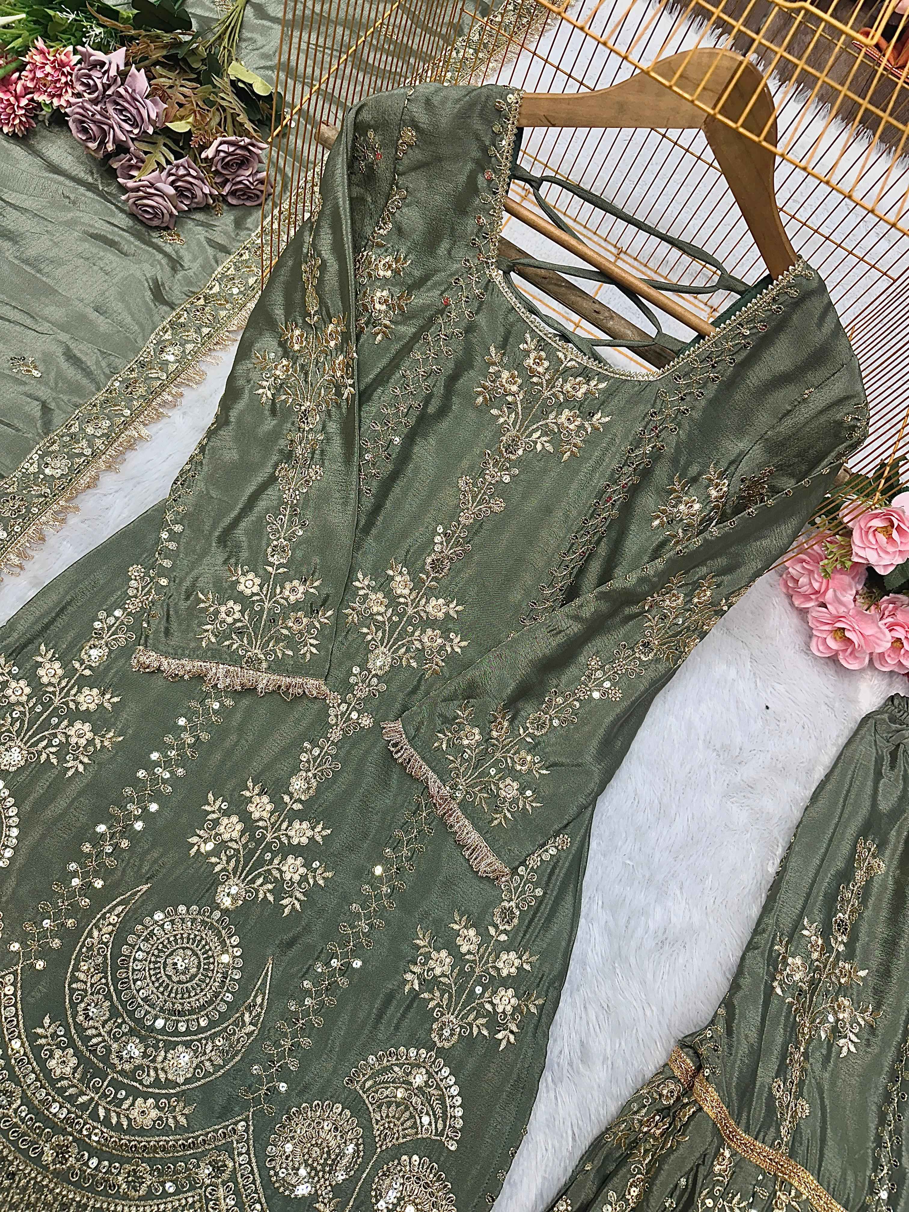 HAVY CHINON SILK WITH HAVY EMBROIDERY TOP AND PLAZZO WITH DUPATTA AT WHOLESALE PRICE