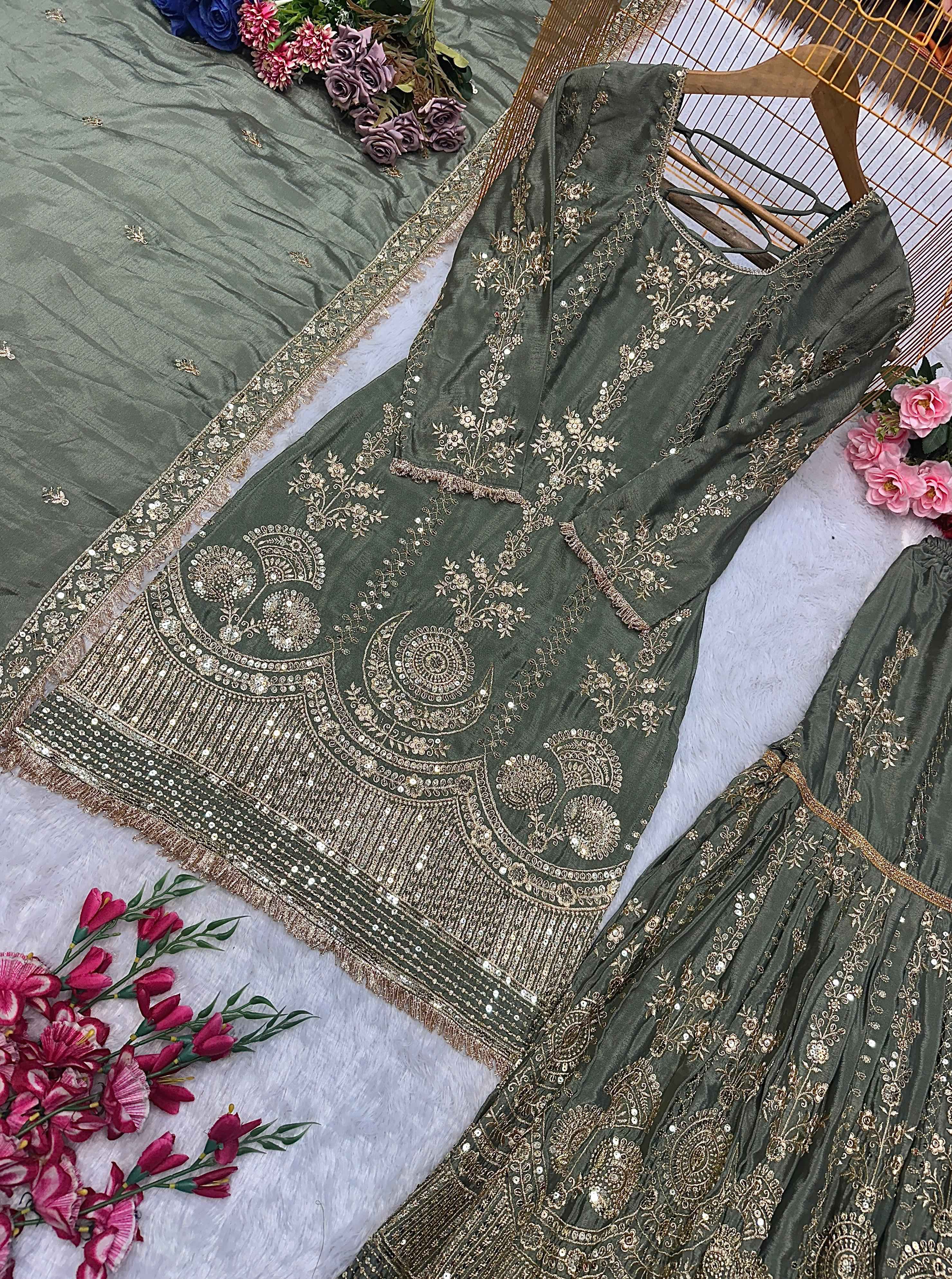 HAVY CHINON SILK WITH HAVY EMBROIDERY TOP AND PLAZZO WITH DUPATTA AT WHOLESALE PRICE