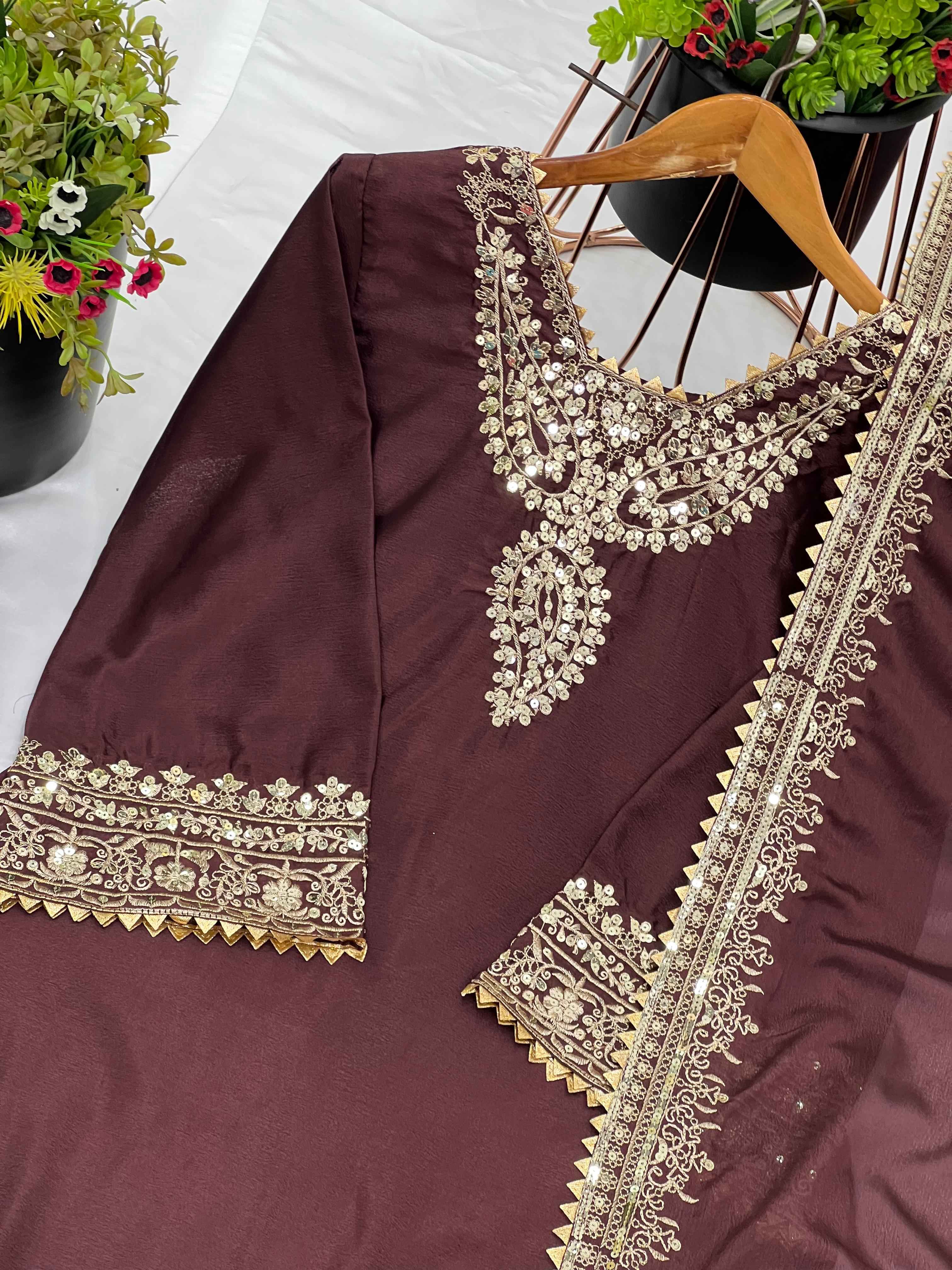 HEAVY CHINON SILK SEQUENCE EMBROIDERY TOP BOTTOM AND DUPATTA SET AT WHOLESALE PRICE