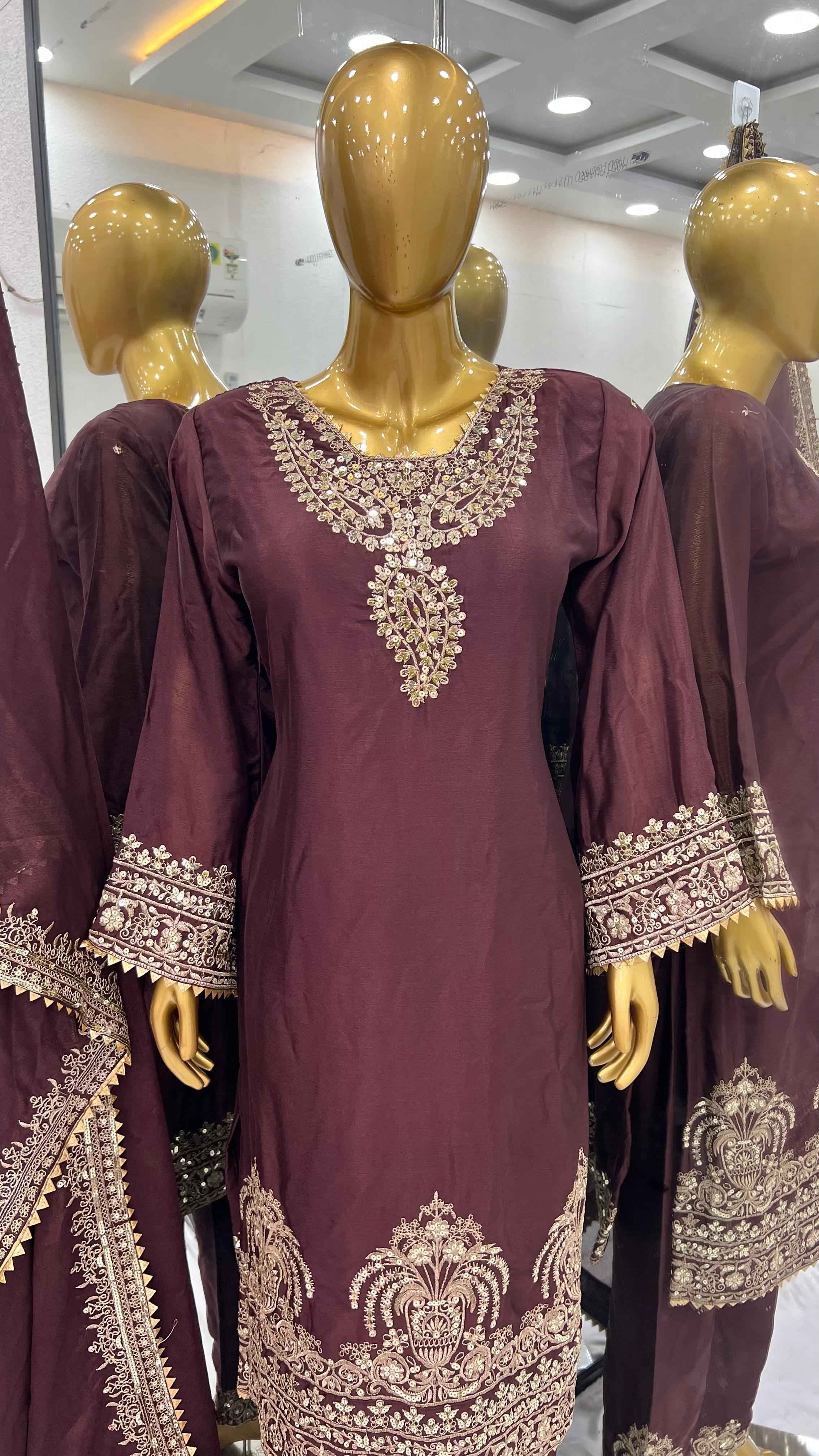 HEAVY CHINON SILK SEQUENCE EMBROIDERY TOP BOTTOM AND DUPATTA SET AT WHOLESALE PRICE