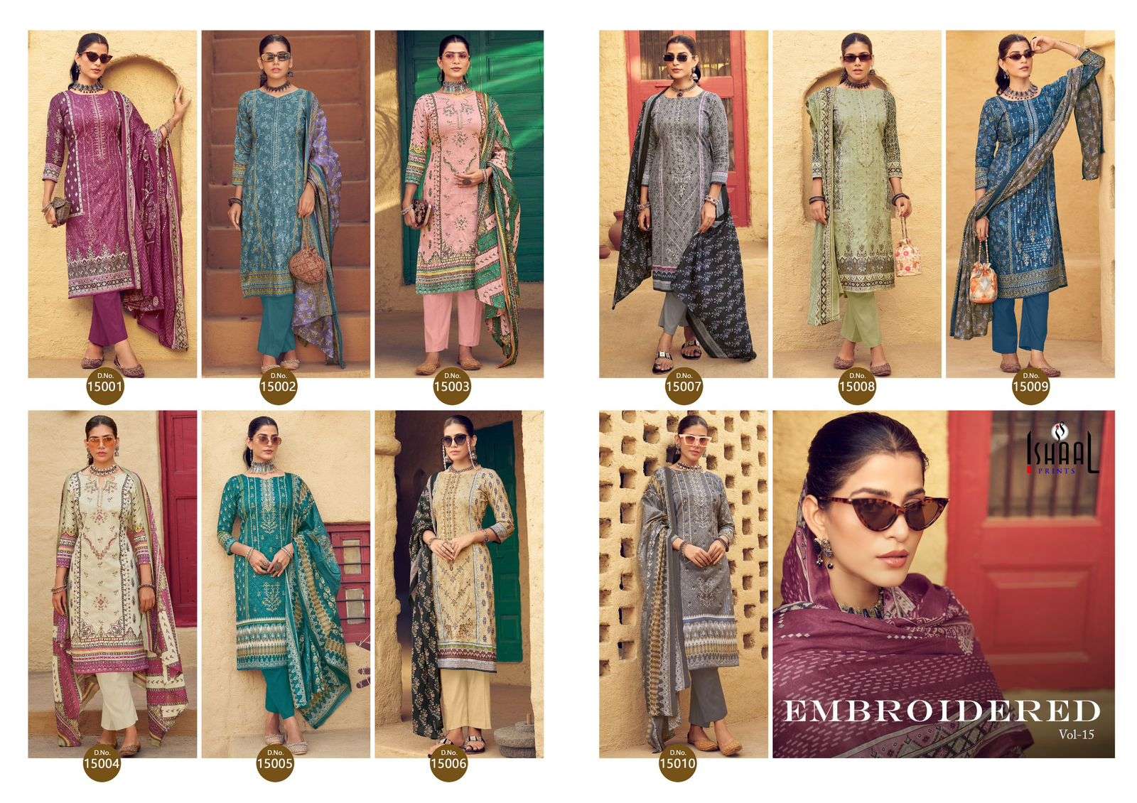 ISHAAL EMBROIDERED VOL-15 PURE LAWN EMBROIDERED DRESS MATERIAL AT WHOLESALE PRICE